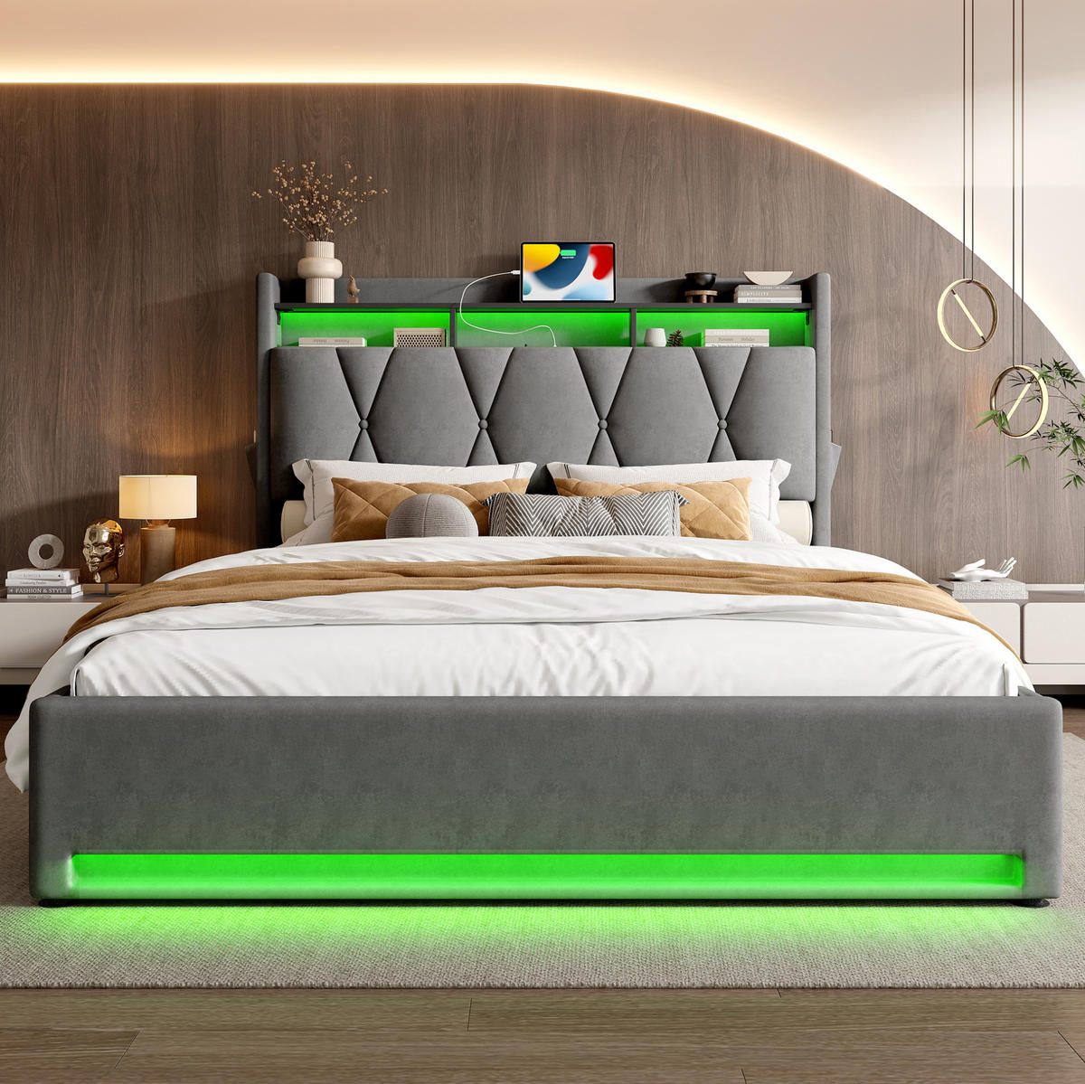 POLSTERBETT 140/200 cm dunkelgrau aus Samt mit LED und Stauraum - Dunkelgrau, Textil (140/200cm) - OKWISH