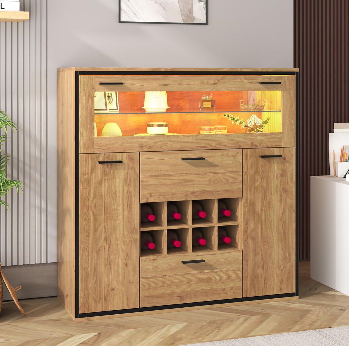 SIDEBOARD mit Weinregal 110 x 38 x 111 cm Holzoptik Schwarz - Braun, Holzwerkstoff (110/111/38cm) - Meubliv