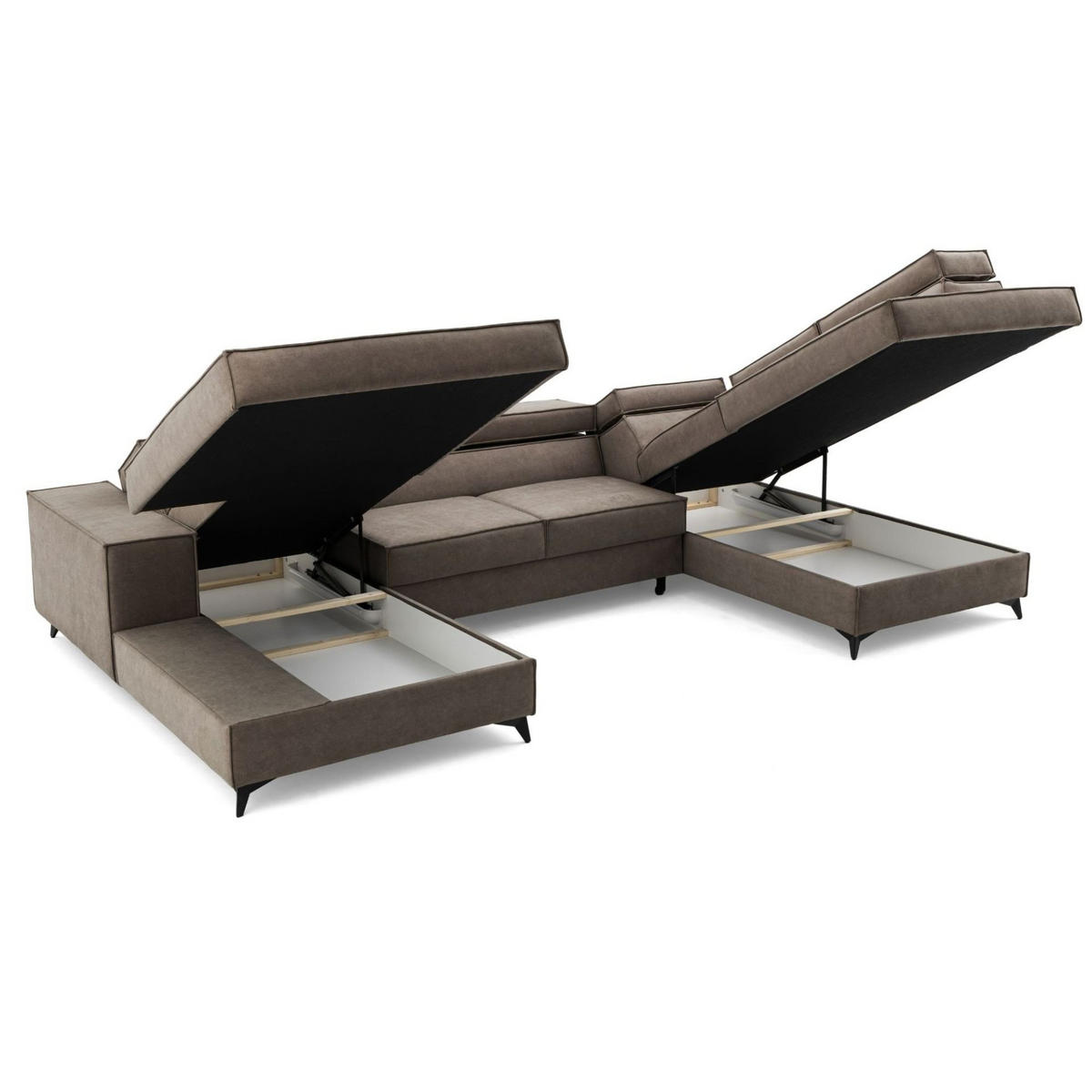ECKSOFA PURE U Rechts mit Schlaffunktion 127x270 Velours Beige - Beige/Schwarz, Holz/Textil (204/340cm) - Muffo