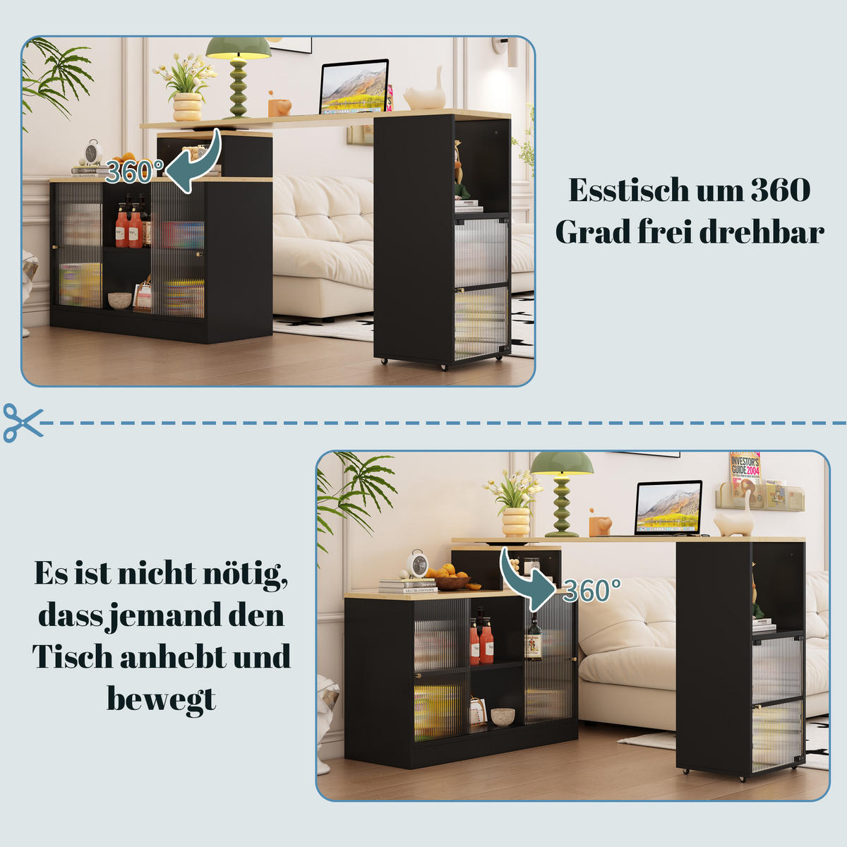 BARTSCH Ausziehbar Schwarz Stauraum Drehbar Beweglich Hochtisch - Schwarz, Holzwerkstoff (154/40/90cm) - FLIEKS