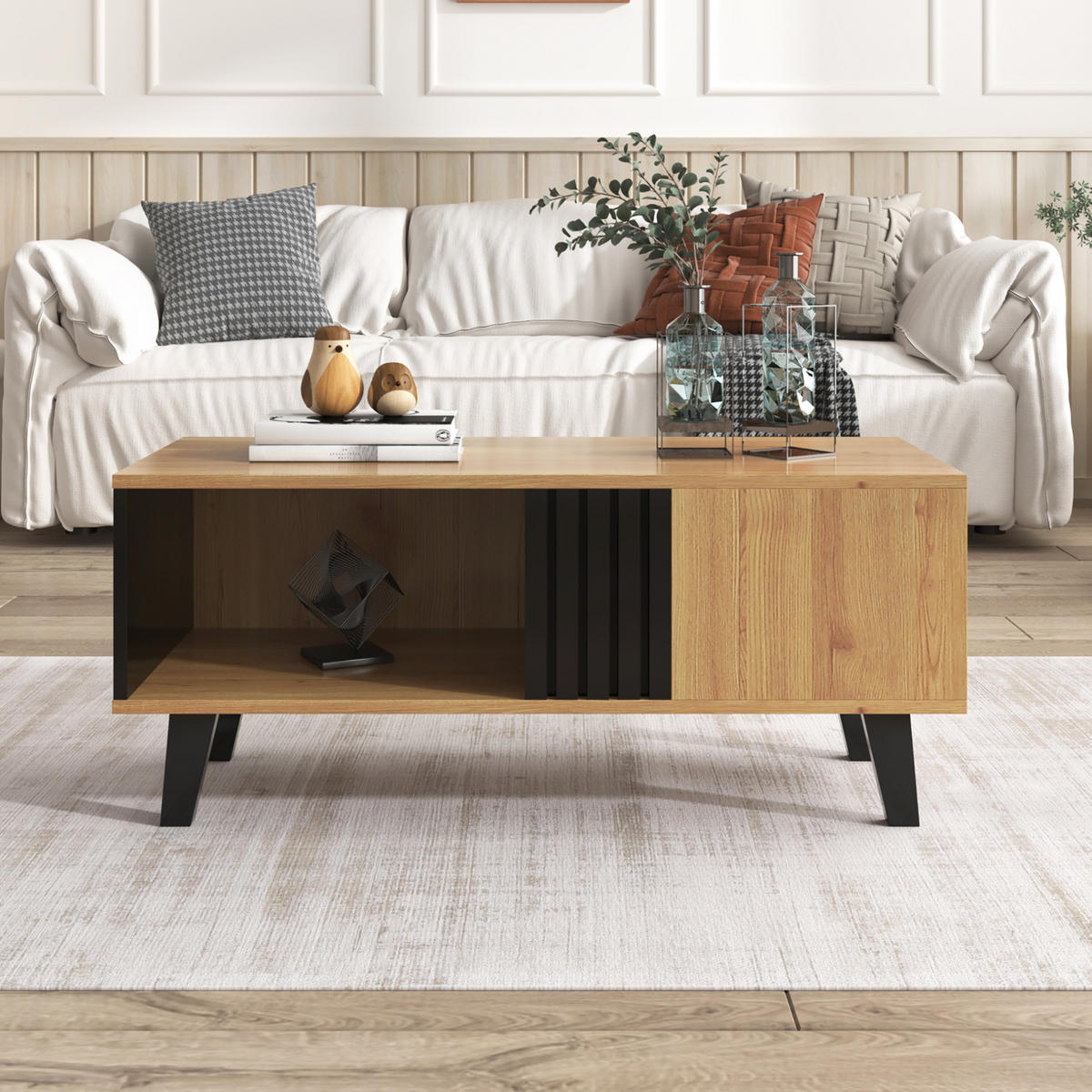 COUCHTISCH 100/60/45 cm Natur aus Glas und Spanplatte mit Stauraum - Naturfarben, Holzwerkstoff (100/60/45cm) - OKMYHOME