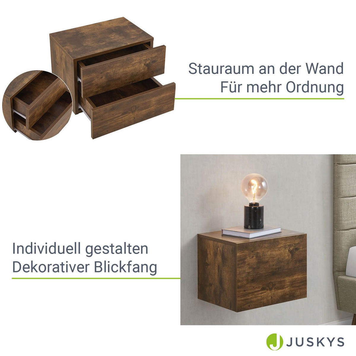 WANDSCHRANK Nachttisch mit 2 Schubladen Holzoptik 40x29x30 cm - Braun, Holz (40/30/29cm) - Juskys