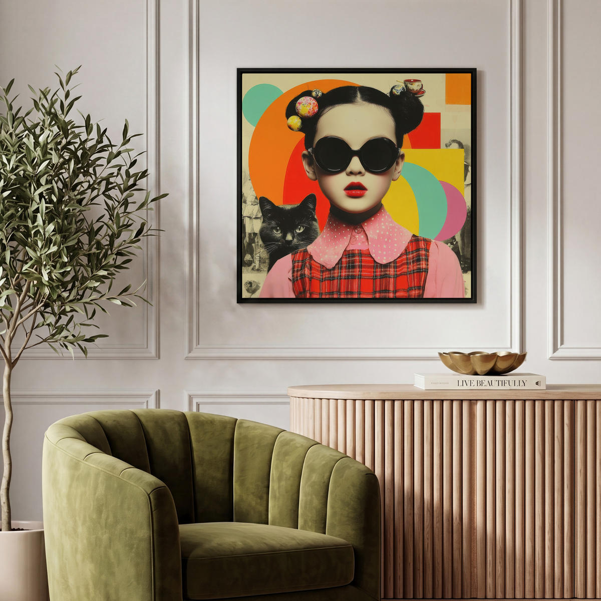 LEINWAND Bilder mit Rahmen - Mädchen - Sonnenbrille - Katze - Retro - 50x50 - Beige, Textil (50/50cm) - MuchoWow