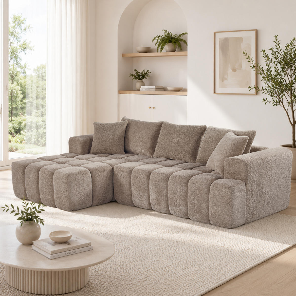 ECKSOFA L-Form 3-Sitzer in Taupe aus Samt mit linker Chaiselongue - Taupe, Textil (250/160cm) - CHICFURN