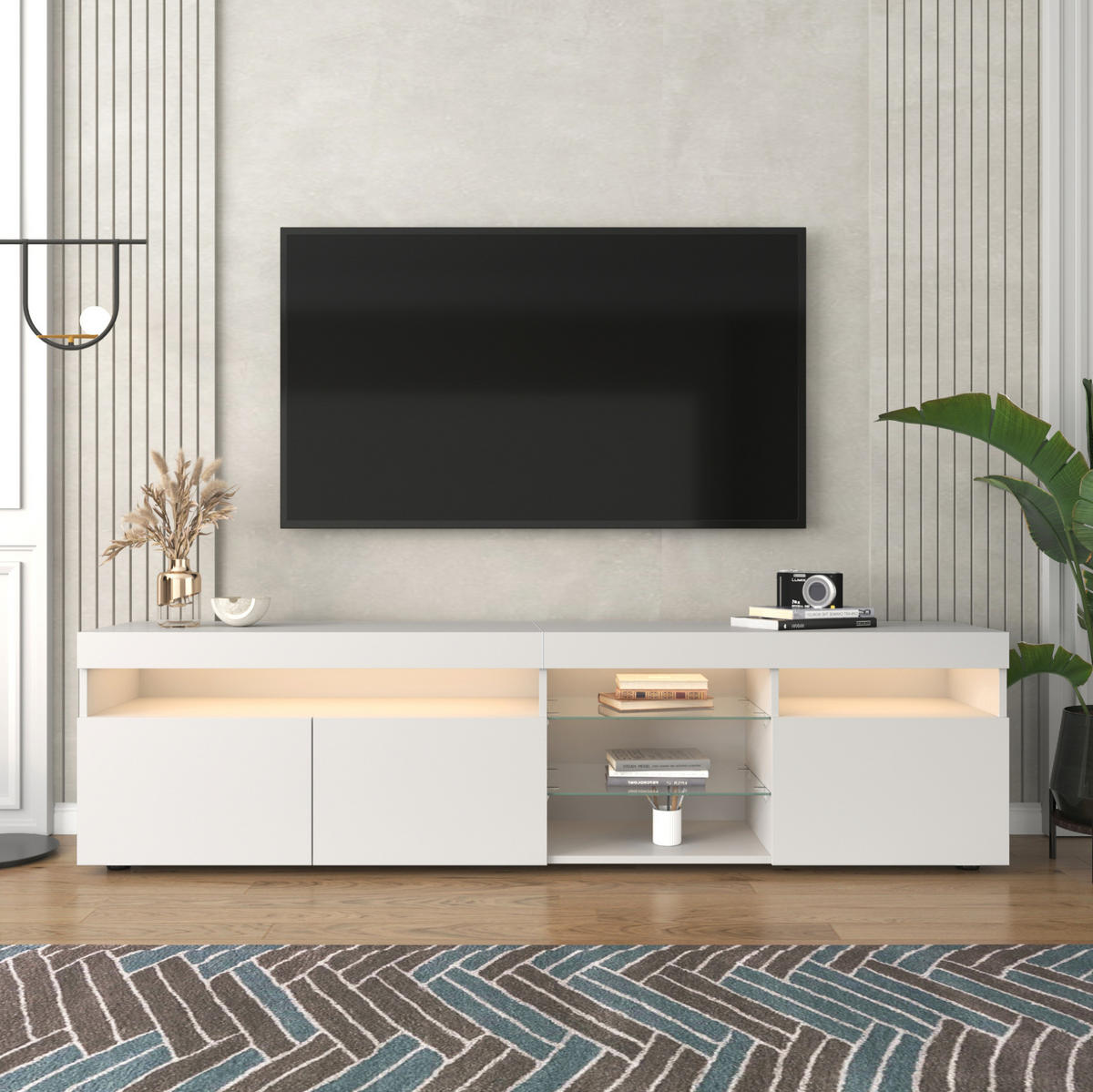 TV-LOWBOARD 180/35/48 cm in Weiß mit LED-Beleuchtung und 3 Türen - Weiß, Holzwerkstoff (180/48/35cm) - Flora Grace