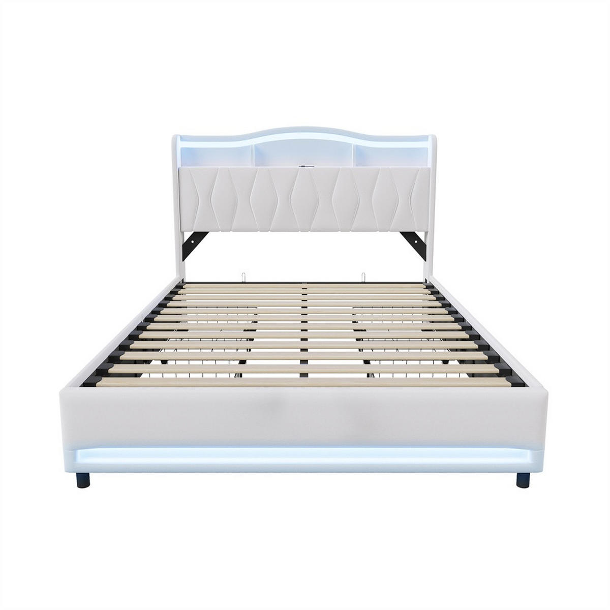 POLSTERBETT 160x200cm - Doppelbett mit 4 Schubladen - RGB-LED-Beleuchtung - Stauraum-Kopfteil - ohne Matratze - Beige - Beige, Textil (160/200cm) - DELFA