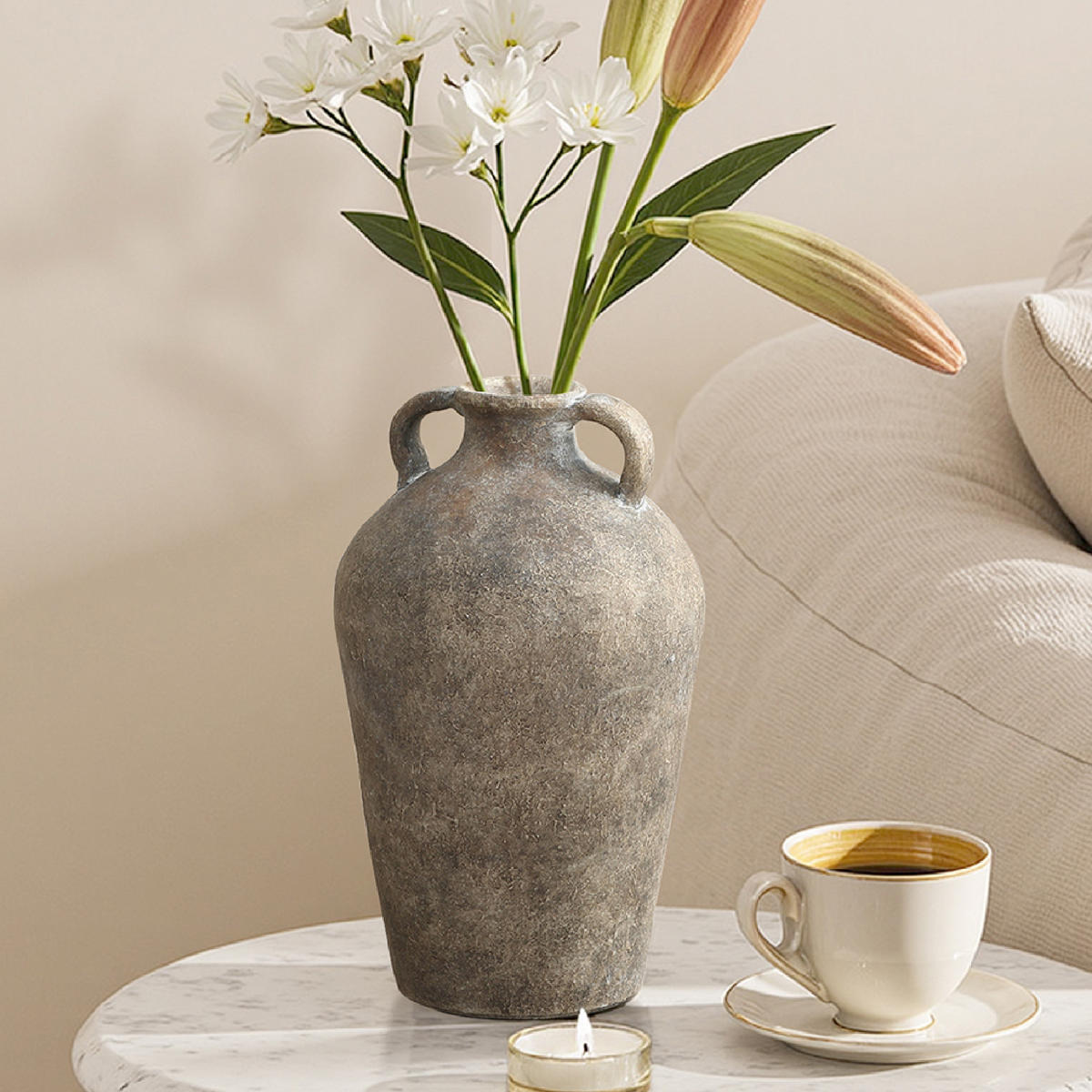 TERRAKOTTA-VASE mit Doppelhenkeln 18/30cm, Grau - Grau, Keramik (30cm) - Hometopia