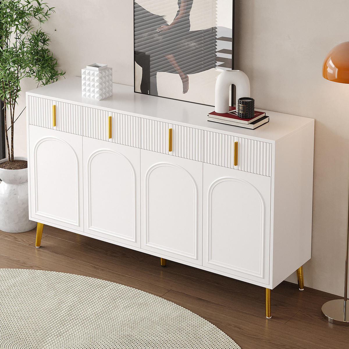 SIDEBOARD aus weißem MDF mit Melamin, 4 Türen und 4 Schubladen, goldene Griffe und Beine, 140/38/82 cm, Weiß - Weiß, Holzwerkstoff (140/82/38cm) - Redom