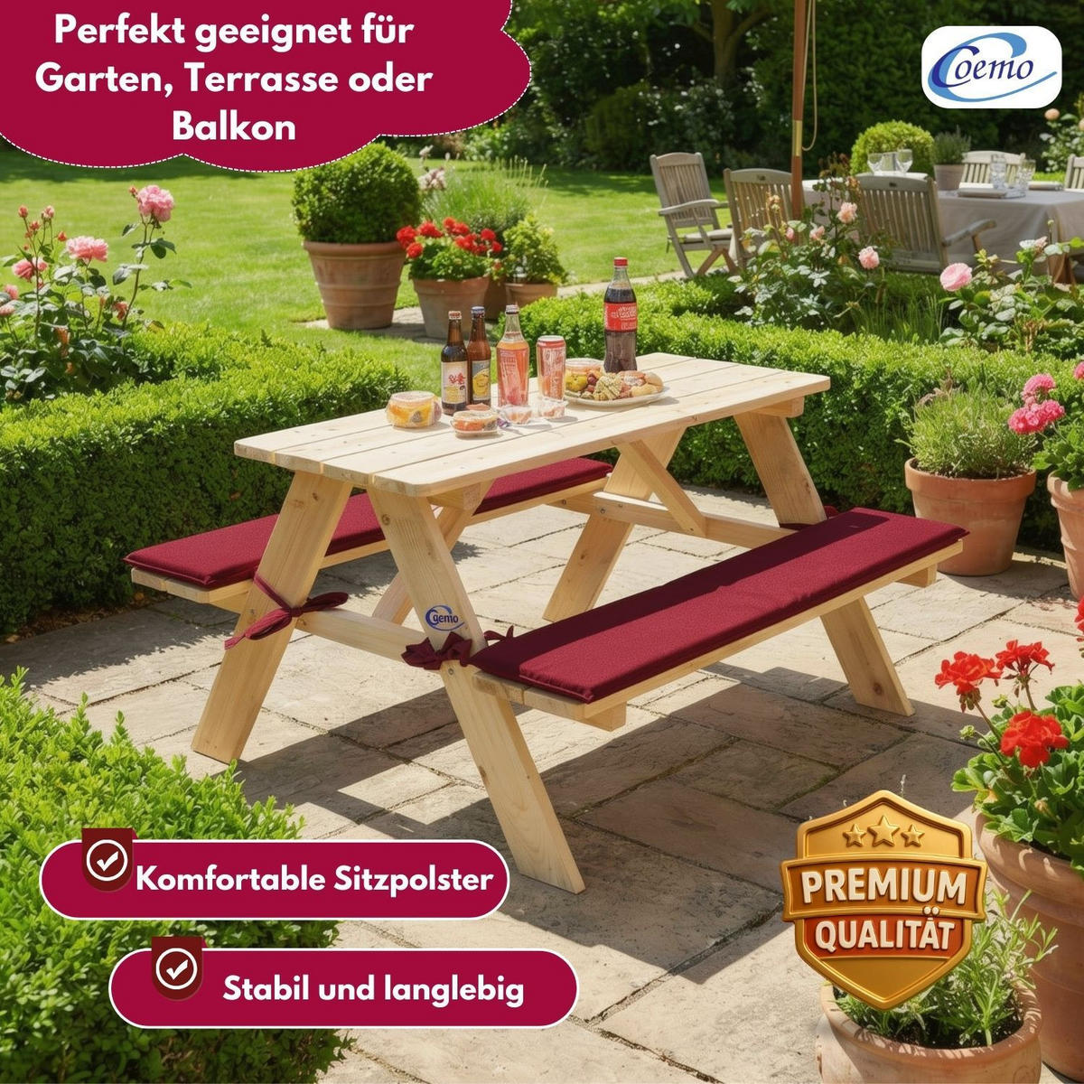 KINDERSITZGRUPPE GARTEN Holz mit Sitzauflagen Farbe Natur 89/79/50 cm - Naturfarben, Holz (79/50/89cm) - Coemo