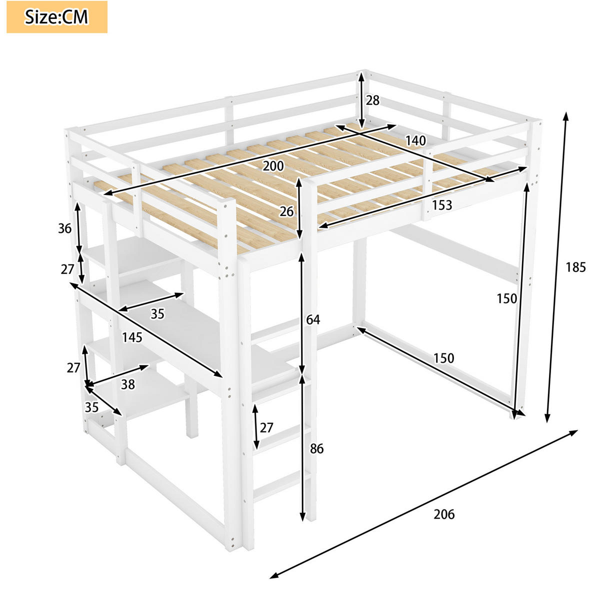 HOCHBETT 140/200 cm in Antikweiß – mit Schreibtisch und 4 Ablagefächern - Weiß, Holz (140/200cm) - BEAOK