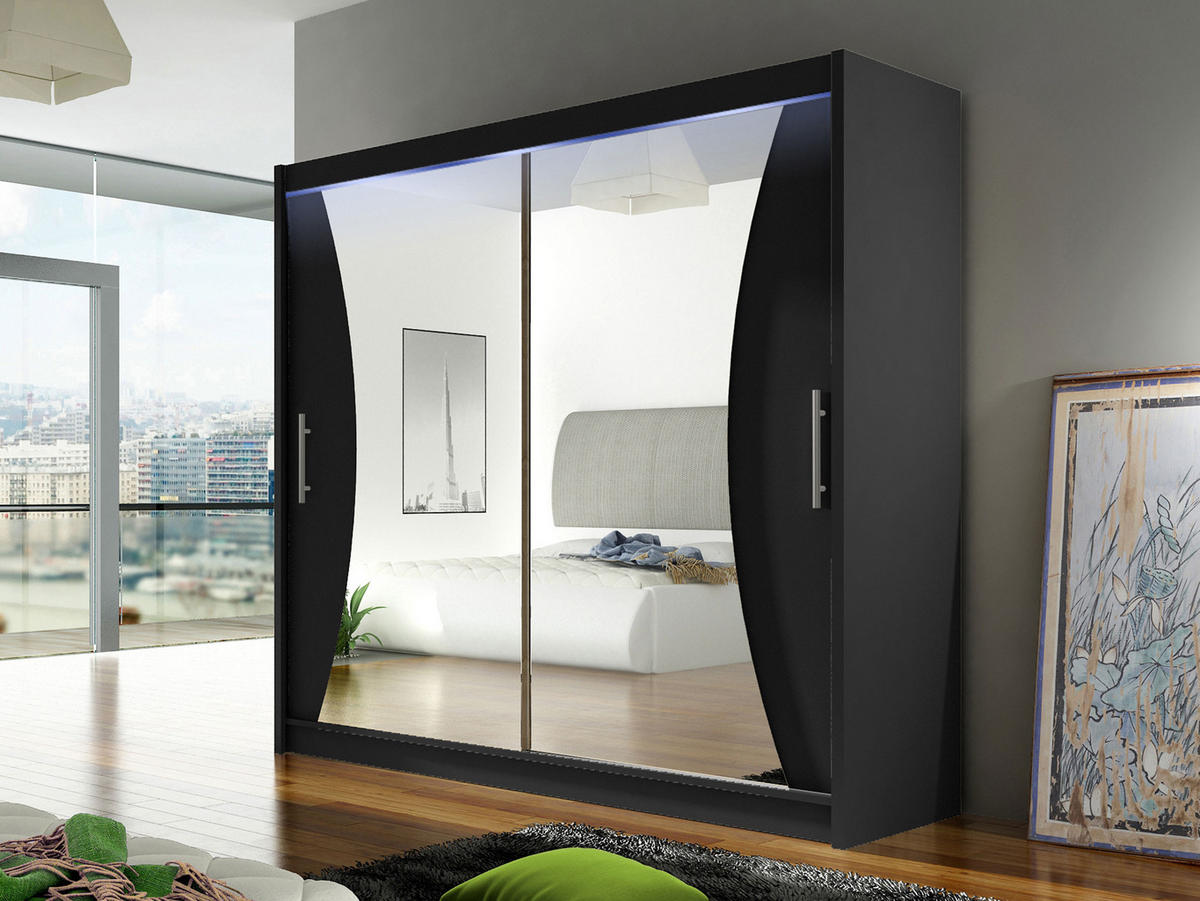 KLEIDERSCHRANK London V, mit RGB LED Beleuchtung - Silberfarben/Schwarz, Holzwerkstoff/Kunststoff (180/215/58cm) - MIRJAN24