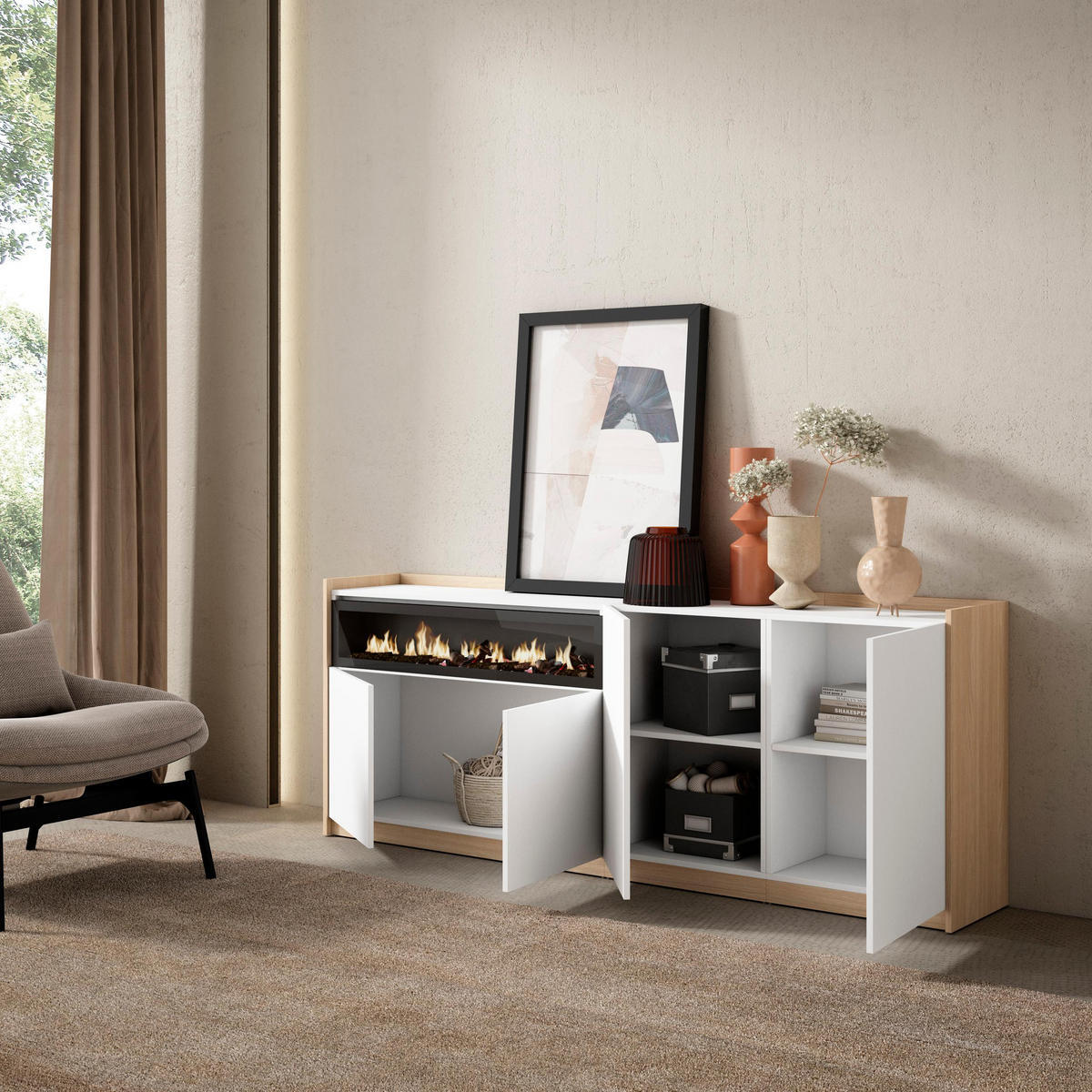 SIDEBOARD, Highboard, Weiß und Eiche Soft, Elektrokamin, 207/37/80cm - Weiß, Holzwerkstoff (207/80/37cm) - Skraut Home