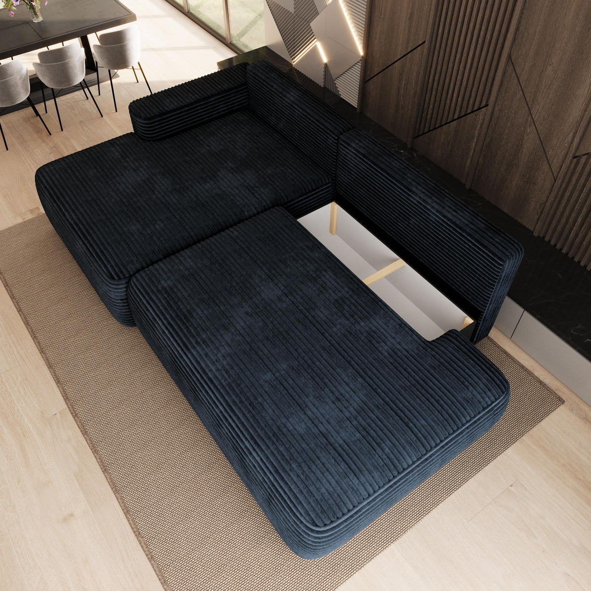 ECKSOFA AVINI T L-S Schwarz Kordstoff mit Schlaffunktion - Schwarz, Holzwerkstoff/Textil (277/160cm) - MASSENO