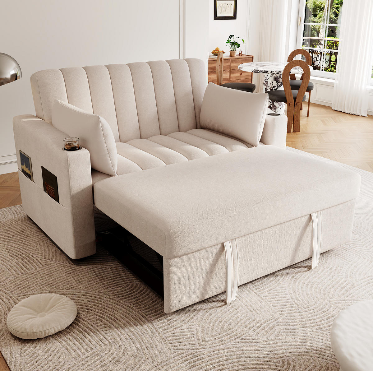 SCHLAFSOFA Baumwollstoff mit 3-fach verstellbarer Rückenlehne Beige 136/162/84 cm - Beige, Textil (84/136/162cm) - Redom