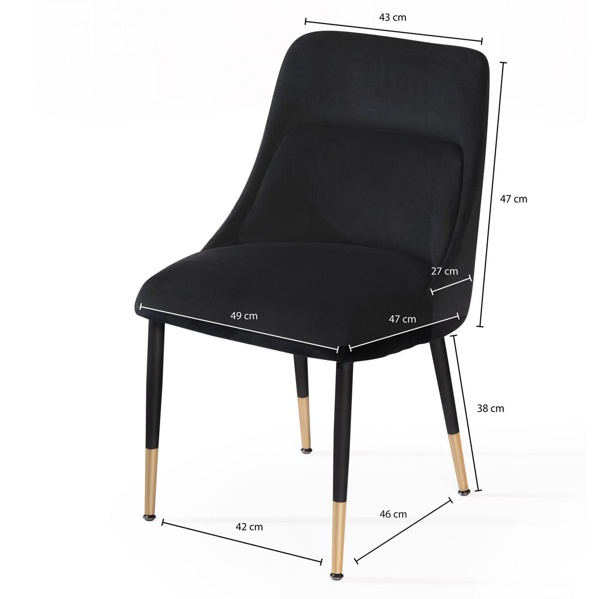 ESSZIMMERSTUHL Samtbezug mit integriertem Rückenkissen und Metallgestell Schalenform Modern gepolstert, Schwarz 49x56x85 cm - Schwarz, Textil/Metall (49/85/56cm) - KADIMA DESIGN