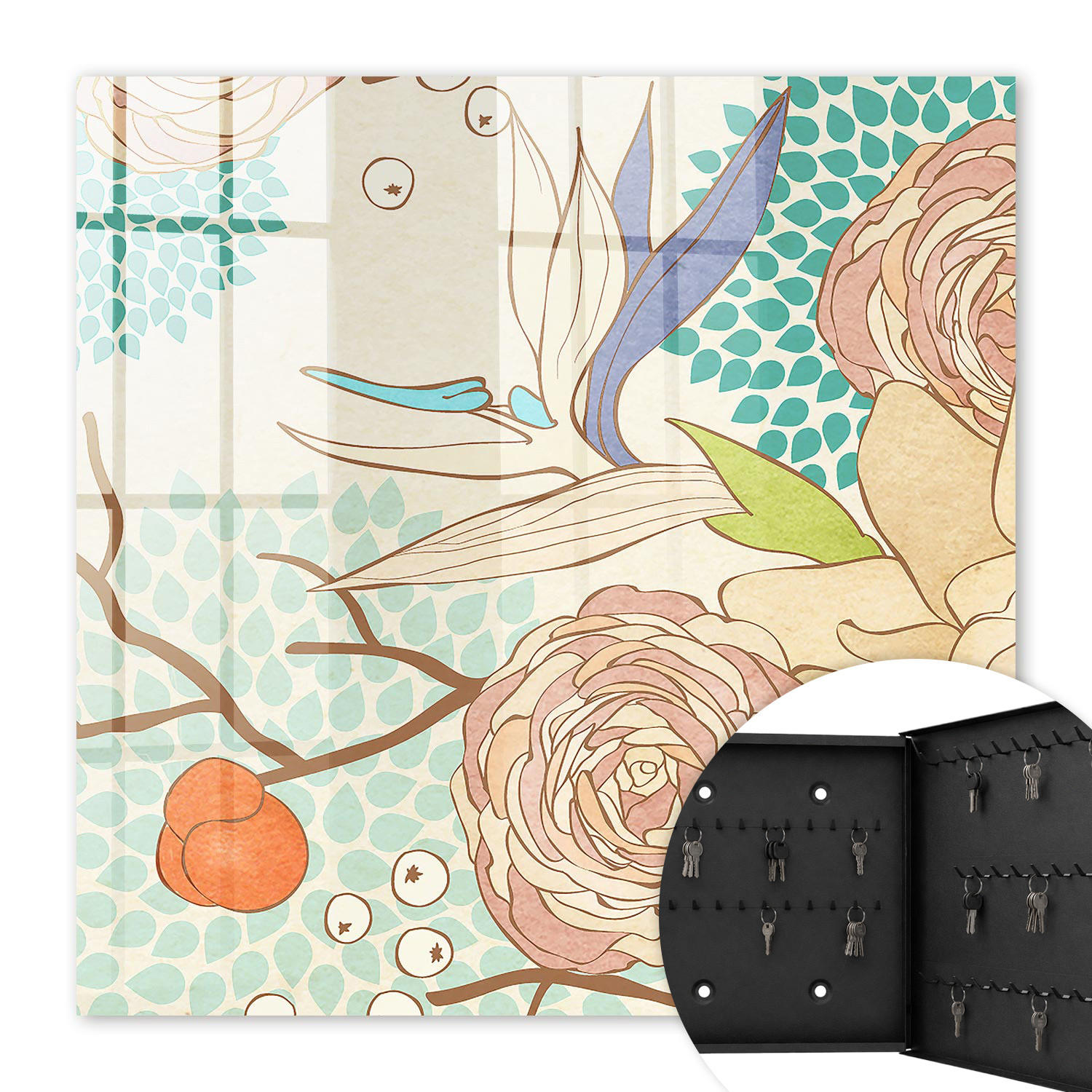 SCHLÜSSELBOX Schwarz 30x30 cm- Türöffnung nach rechts - Abstrakte Blumen - Creme, Metall (30/30/5cm) - TULUP