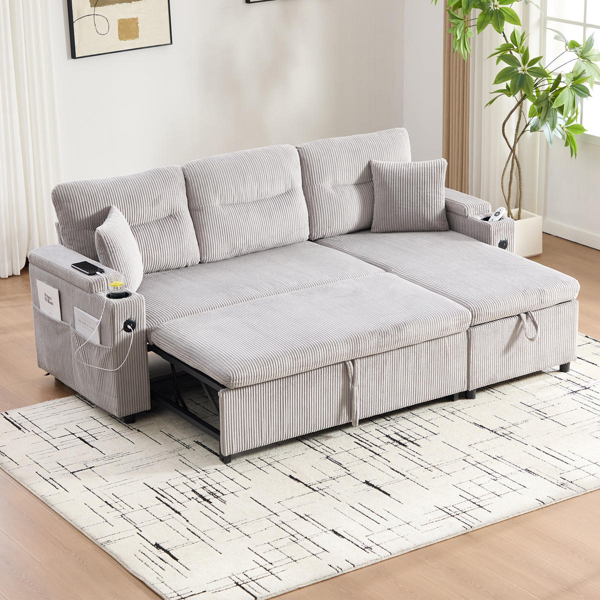ECKSCHLAFSOFA 3-Sitzer Cord mit Schubladenbett und USB-Anschluss Hellgrau 212,5/136/86 cm - Hellgrau, Textil (136/212.5cm) - Redom