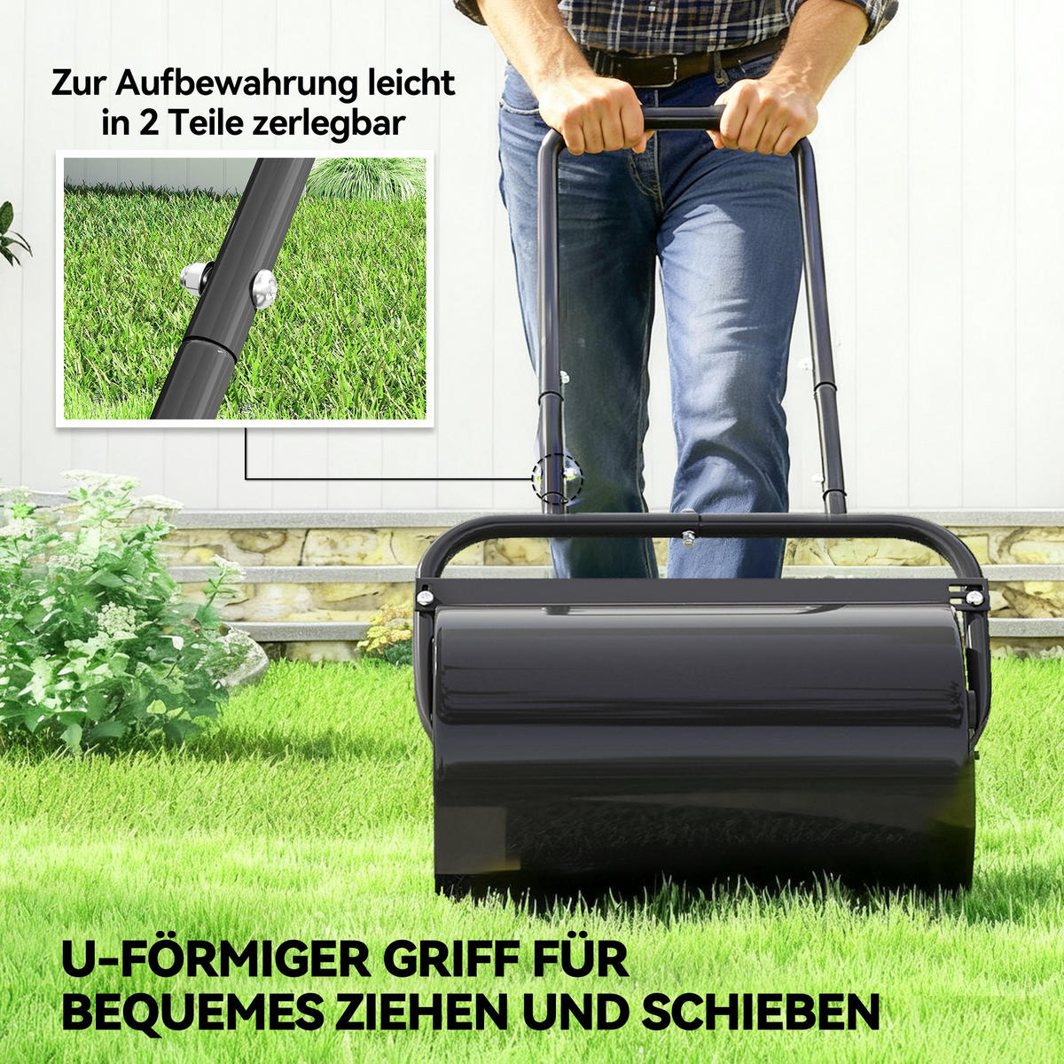 RASENWALZE mit U-Griff, Gartenrolle, Gartenwalze, 32 cm Durchmesser, Metall, Schwarz - Schwarz, Metall (32.5/113/58cm) - Outsunny