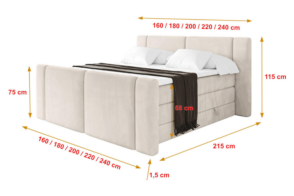 BOXSPRINGBETT mit Matratze H3/H4 - EVON KING Zanozek - 140x200 cm Beige - Beige, Holzwerkstoff (140/200cm) - ALTDECOR