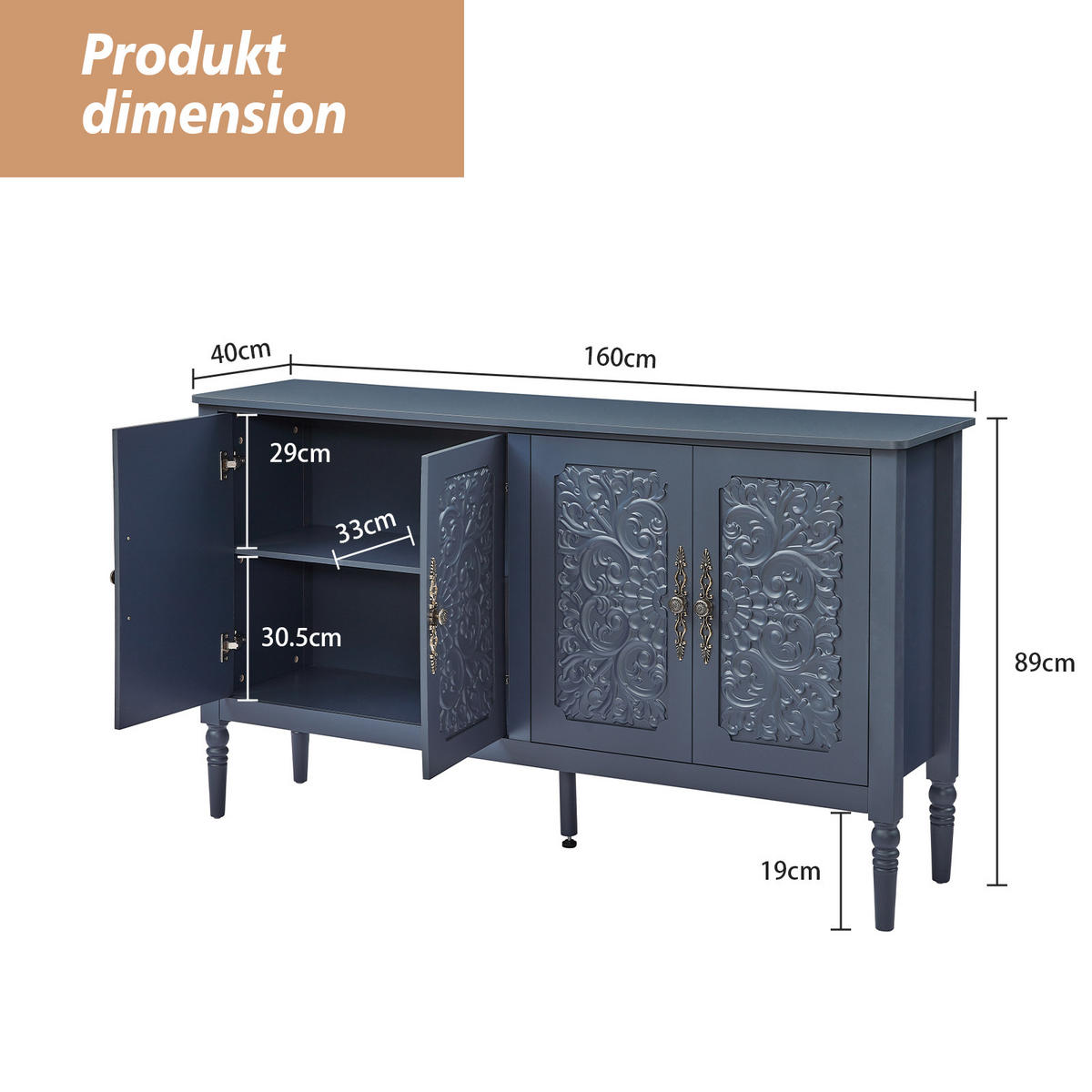 SIDEBOARD DE-38847 160/40/89 cm antike Relief-Schnitzereien Marineblau - Blau, Holzwerkstoff (160/89/40cm) - ComfortXL