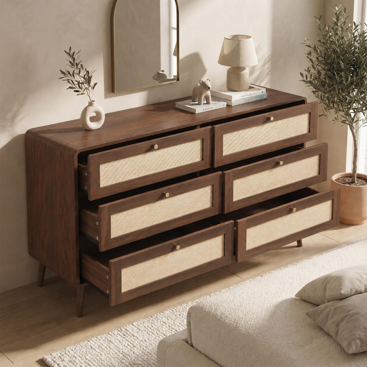 KOMMODE 120cm Walnuss mit 6 Schubladen und Rattan - Walnussfarben, Holzwerkstoff (120/80/40cm) - FLIEKS