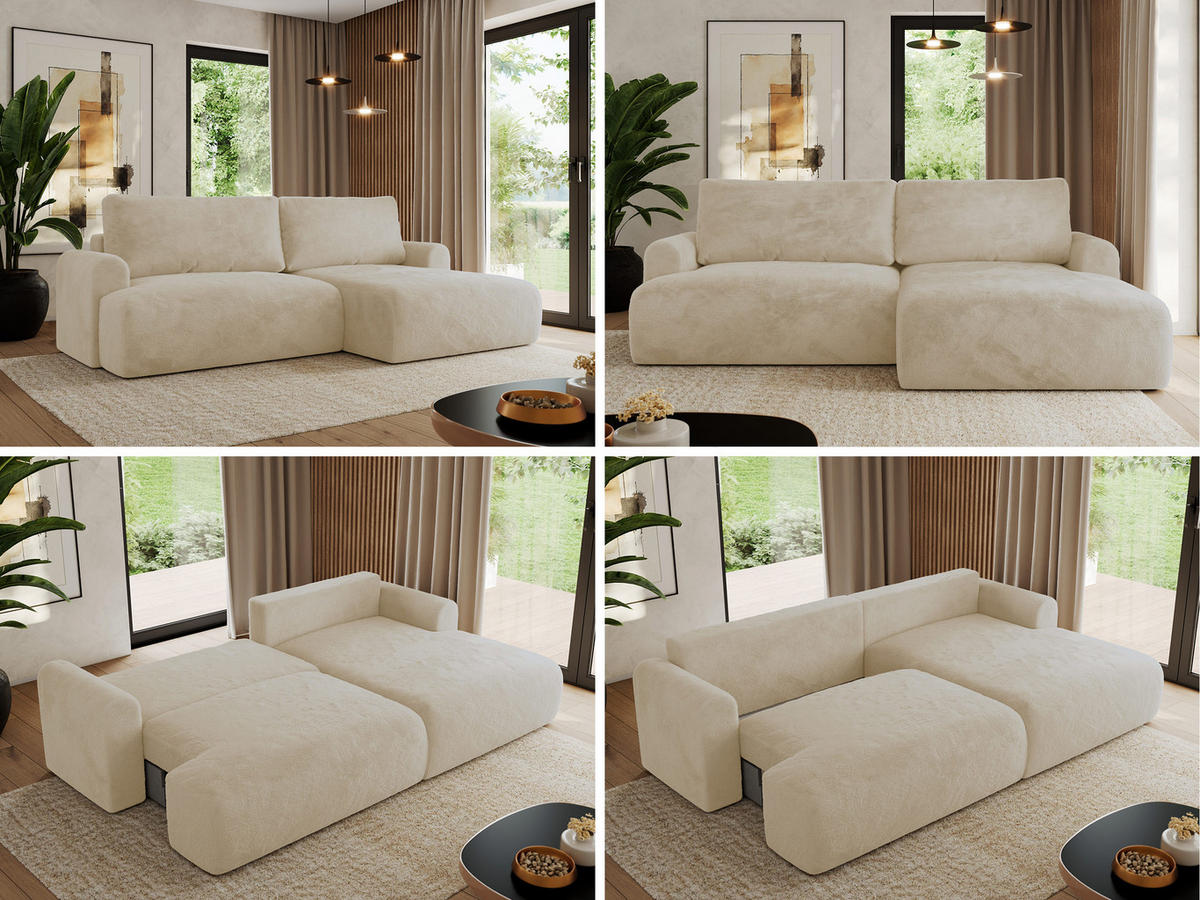 ECKSCHLAFSOFA TONO L Creme Plüsch - rechts - Creme/Schwarz, Kunststoff/Textil (150/260cm) - MKS