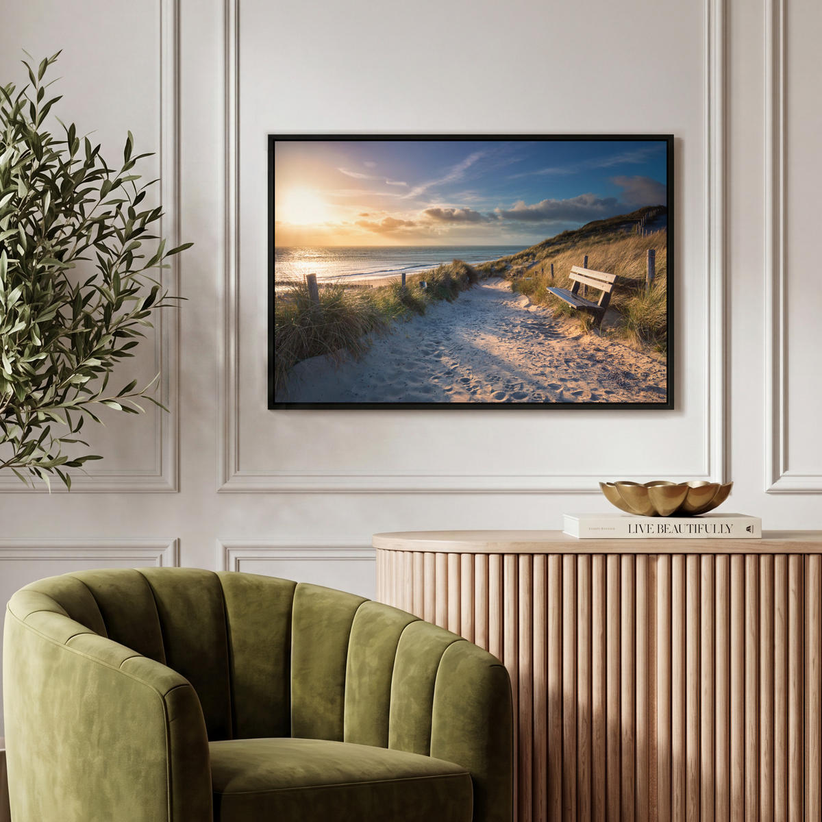 LEINWAND Bilder mit Rahmen - Sonnenuntergang - Strand - Düne - Gras - Ufer - 60x40 - Sandfarben, Textil (60/40cm) - MuchoWow