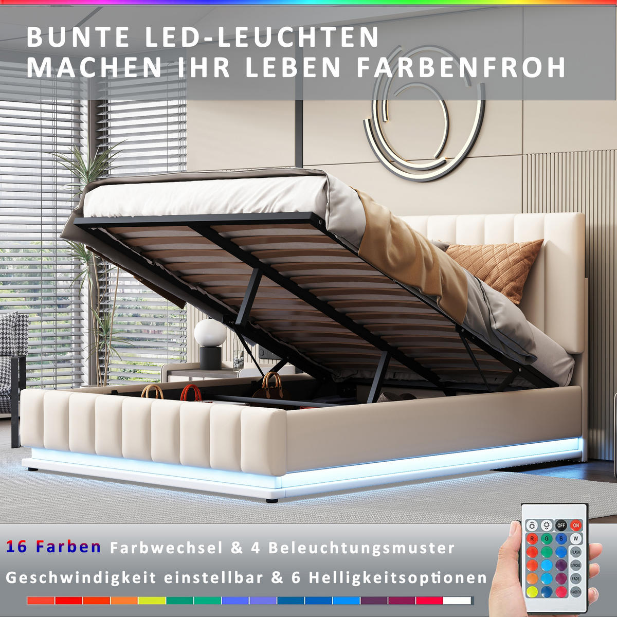POLSTERBETT 140x200 LED Stauraum Kopfteil Lattenrost Weiß - Weiß, Holzwerkstoff - FLIEKS