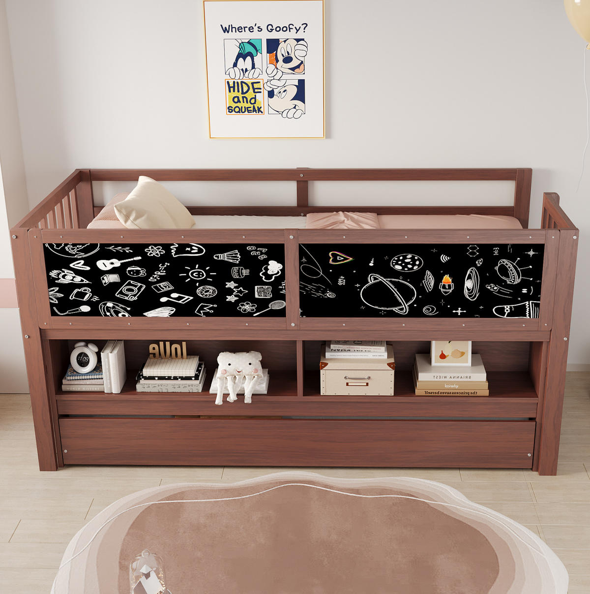 HOCHBETT 90/200 cm mit Ausziehbett, Tafel und offenen Regalfächern aus Holzwerkstoff, Braun - Braun, Holzwerkstoff (90/200cm) - Redom