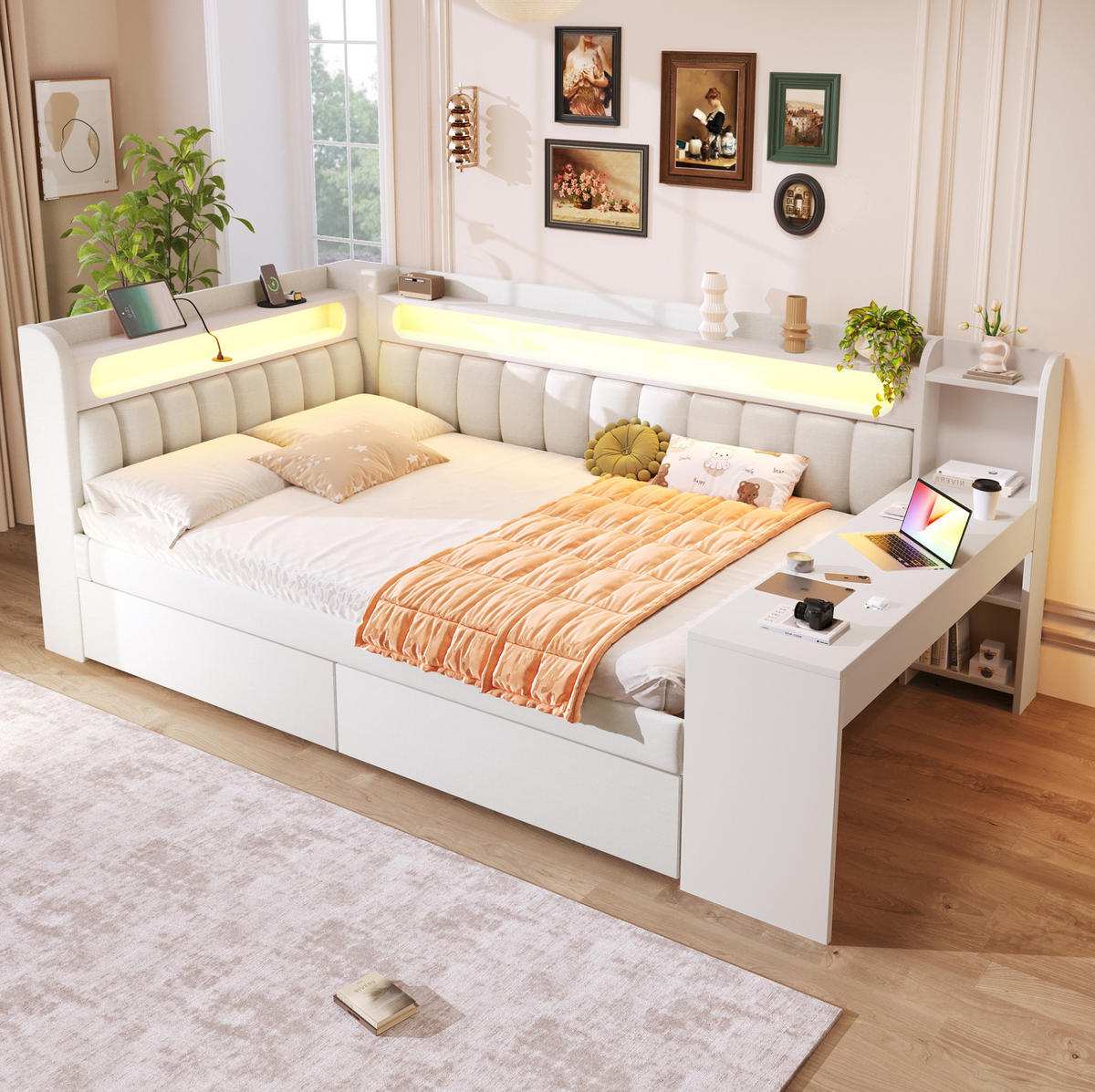 POLSTERBETT 140/200 cm mit LED-Beleuchtung, USB und Schreibtisch in Weiß - Weiß, Holzwerkstoff (140/200cm) - BEAOK