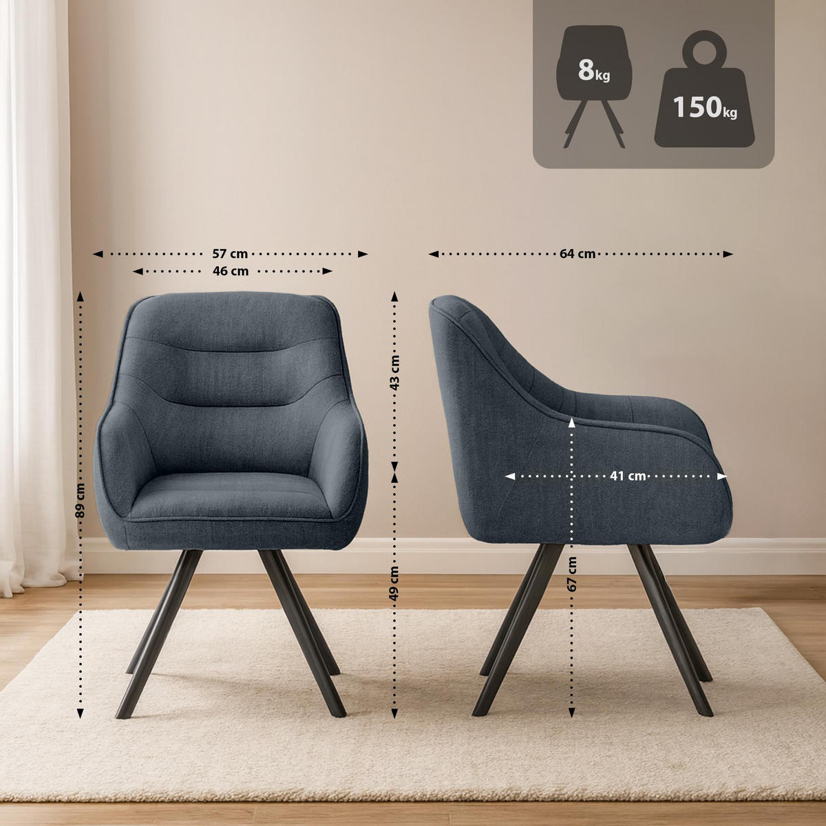 ESSZIMMERSTUHL Stoff Dunkelgrau - Dunkelgrau/Schwarz, Textil/Metall (57/89/64cm) - CLP