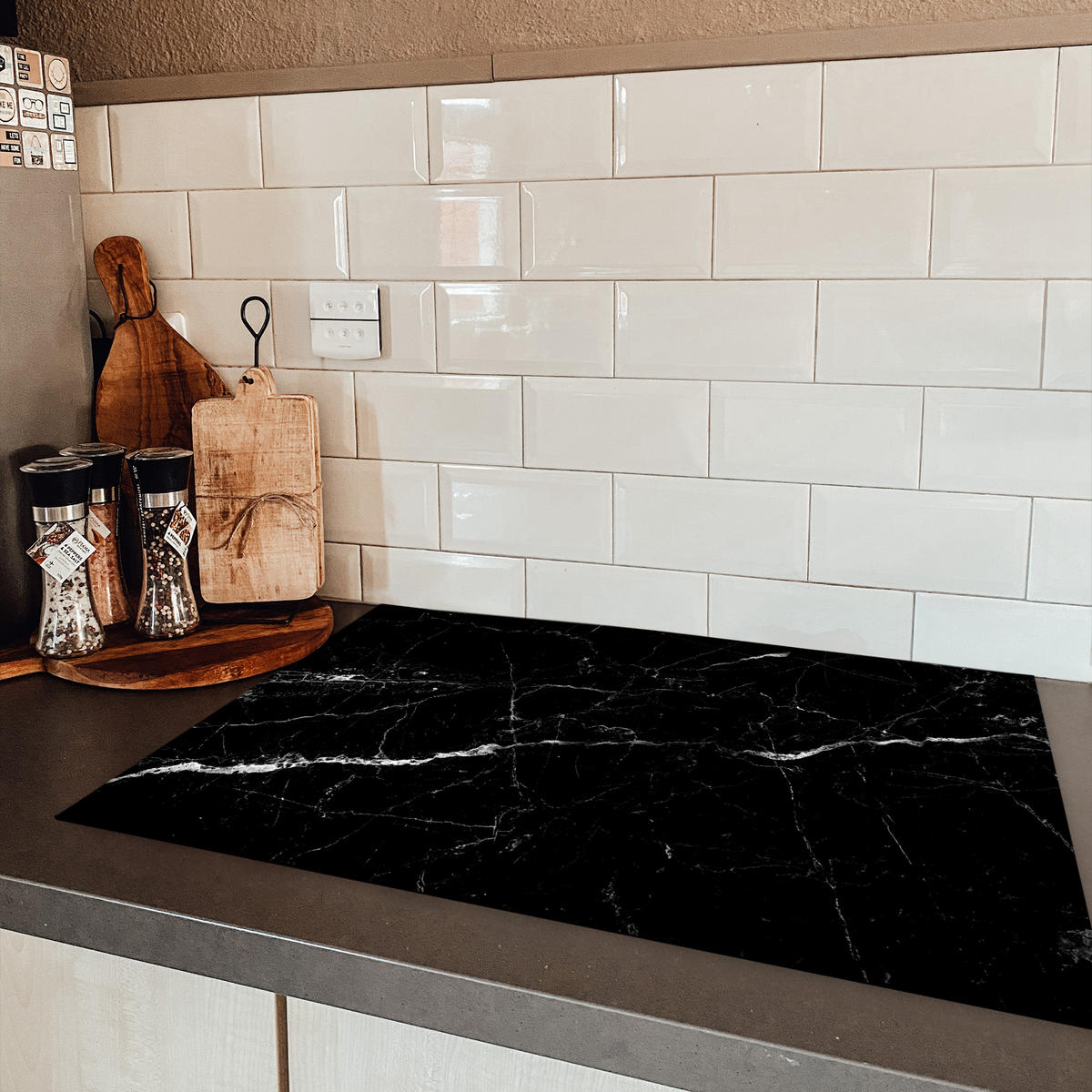 HERDABDECKPLATTE Marmoroptik - Schwarz - Luxus 78x52 cm - Grau, Kunststoff (78/0.2/52cm) - MuchoWow