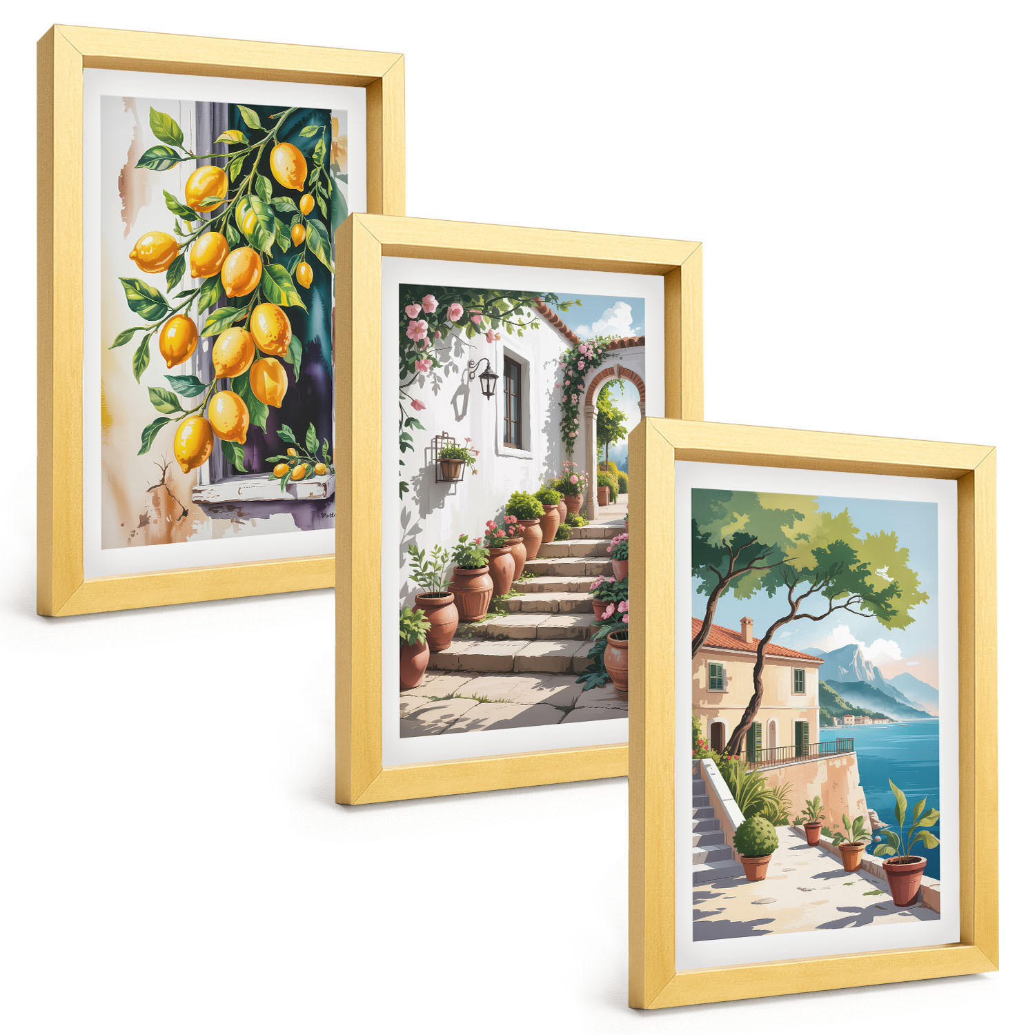 BILDER SET 3er Set - 20x30 cm Goldrahmen - Zitronen, Blumen, Meerblick - Goldfarben, Kunststoff (20/30cm) - TULUP