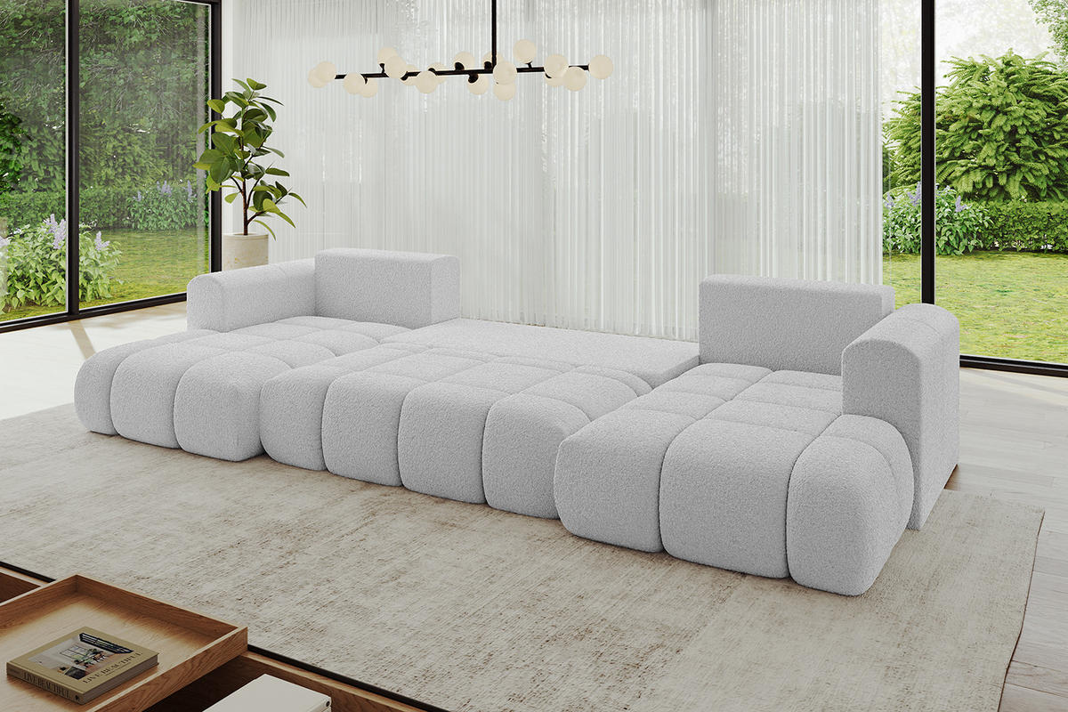 WOHNLANDSCHAFT Ottomane Links CLOUD-U-v1 414x180x40 Hellgrau Bouclé - Hellgrau, Holzwerkstoff/Kunststoff (414/90/180cm) - ALTDECOR