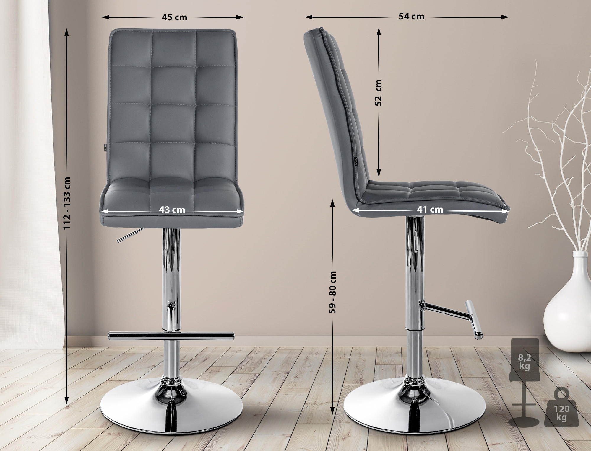 BARHOCKER Lederlook grau - Chromfarben/Grau, Textil/Metall (45/112/54cm) - CLP