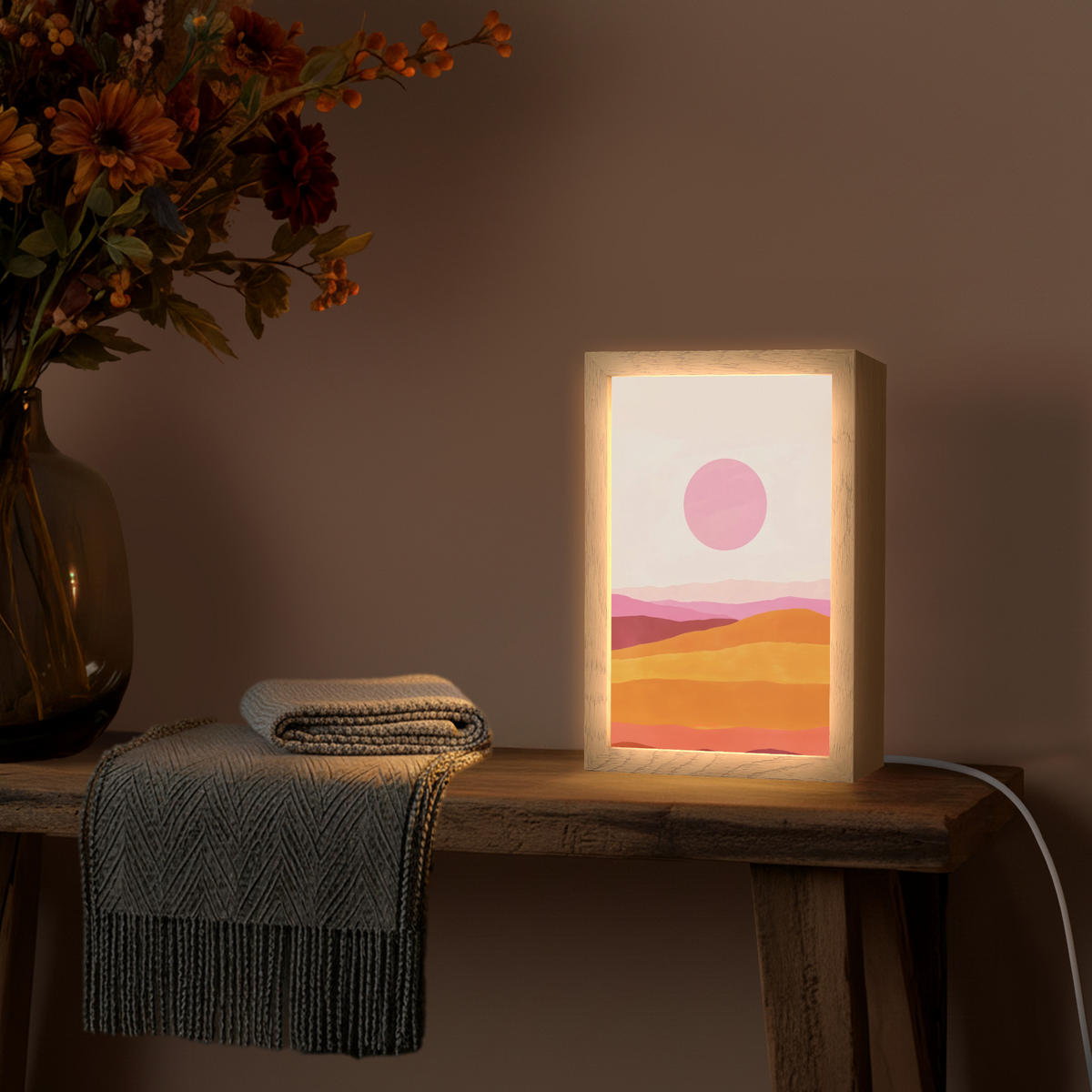 STOLNÍ LAMPA Kopce - oranžová - slunce - abstraktní 20x30 cm - chromová, kompozitní dřevo (8/20/30cm) - OnlyWow