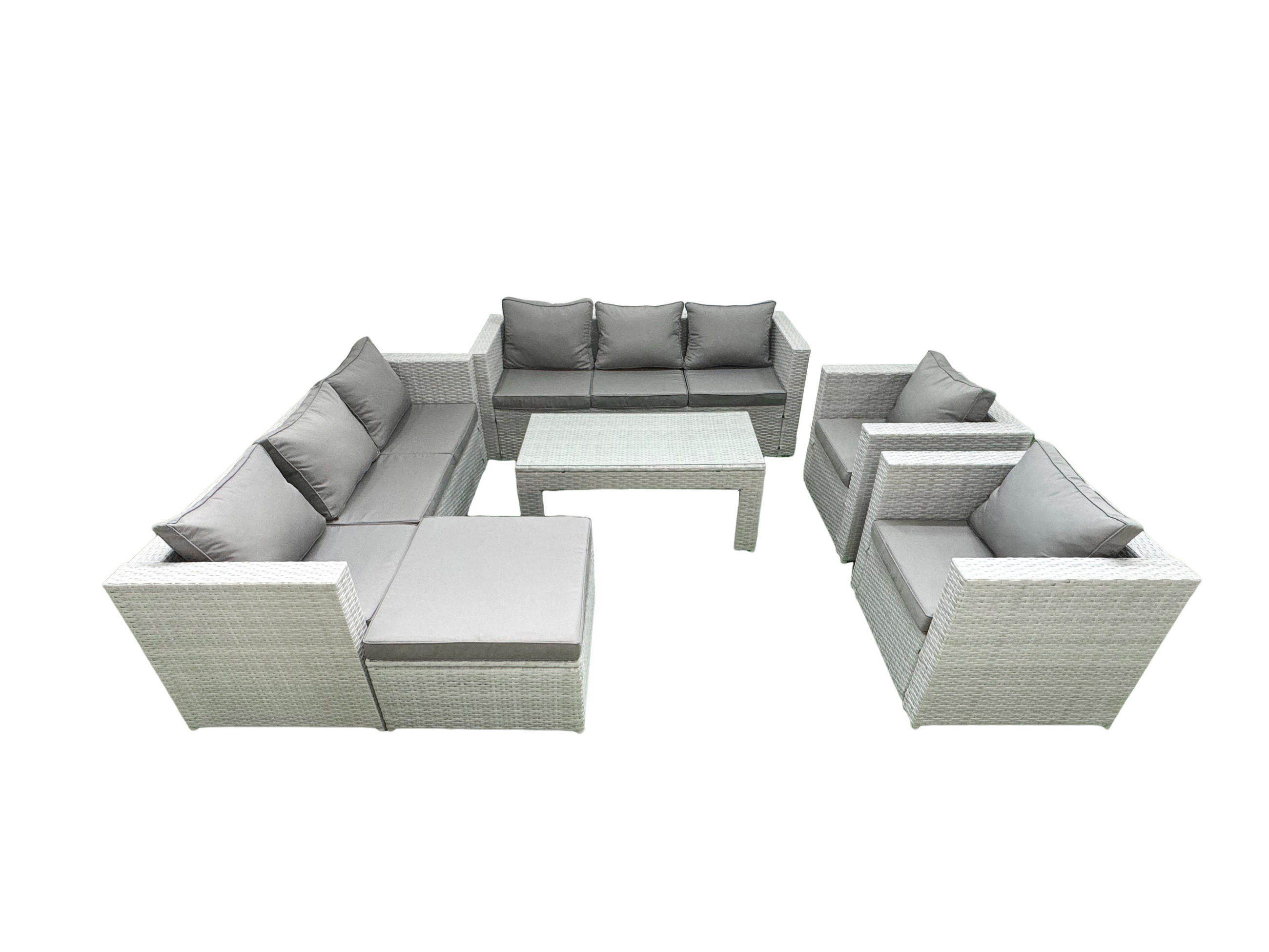 GARTENSOFA hohe Rückenlehne Polyrattan Hellgrau-Mix 9-Sitzer - Hellgrau/Grau, Glas/Kunststoff - Fimous