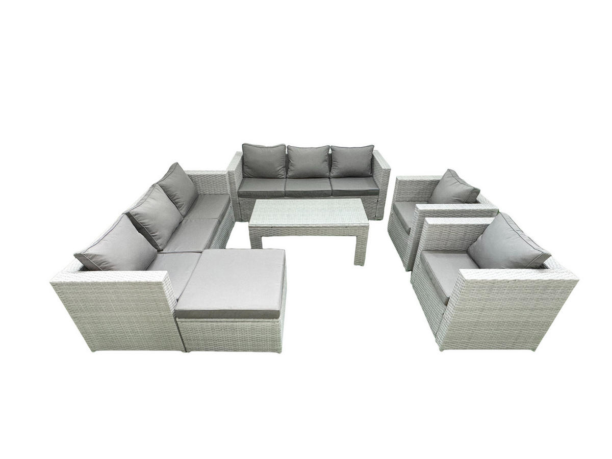 GARTENSOFA hohe Rückenlehne Polyrattan Hellgrau-Mix 9-Sitzer - Hellgrau/Grau, Glas/Kunststoff - Fimous
