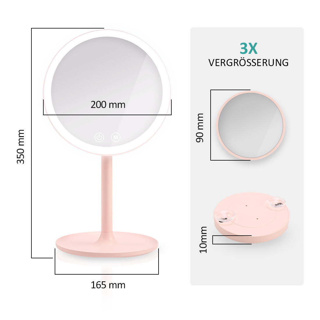 KOSMETIKSPIEGEL mit Licht mit Abnehmbare Saugnapfes, Rosa, φ20 cm - Pink, Glas (20/35/20cm) - EMKE