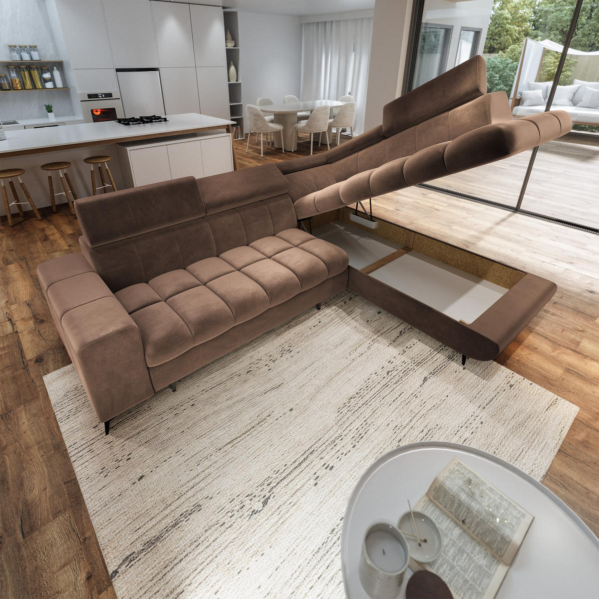 ECKSOFA MORIVA R-S Beige Velours-Stoff mit Schlaffunktion - Beige, Holz (253/190cm) - MASSENO