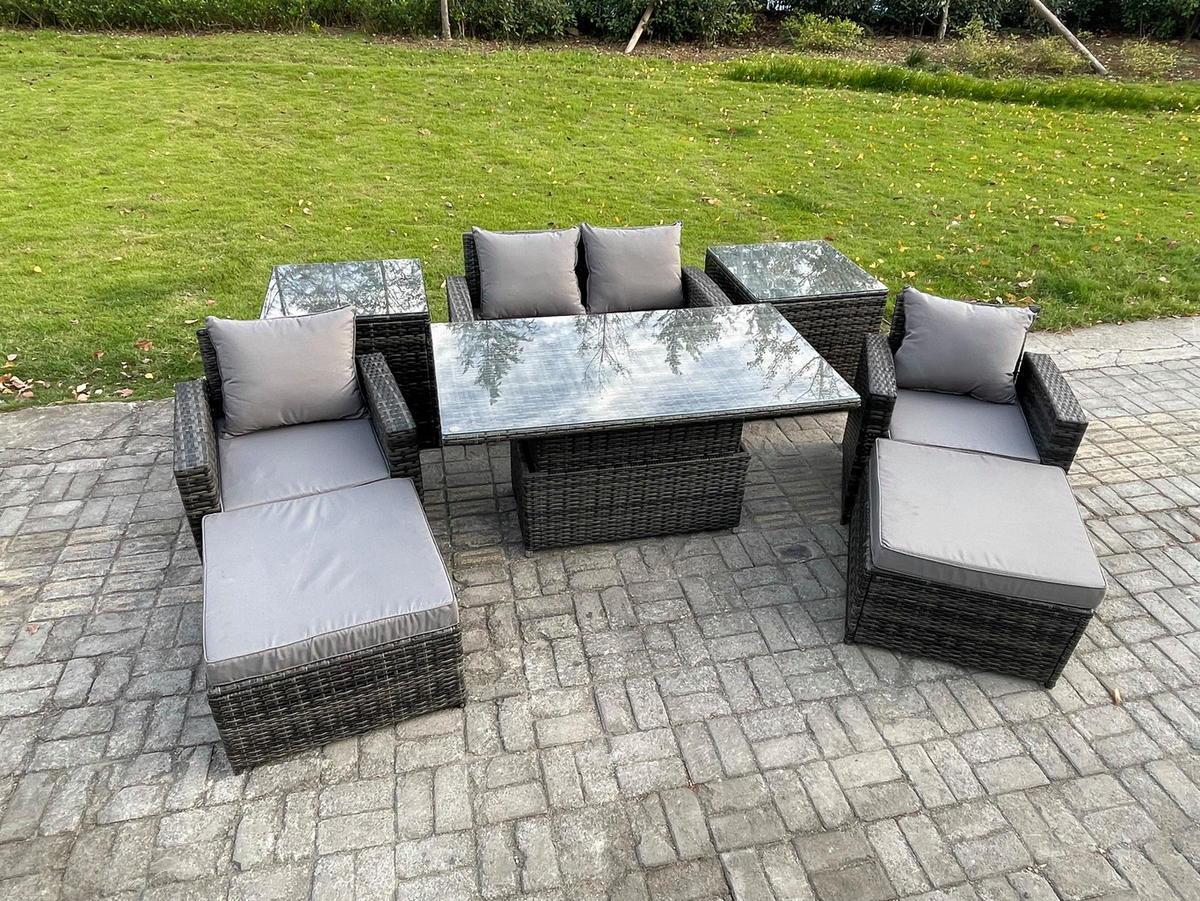 GARTENMÖBEL SET mit höhenverstellbarer Tisch Polyrattan Dunkelgrau 6-Sitzer - Dunkelgrau, Metall - Fimous