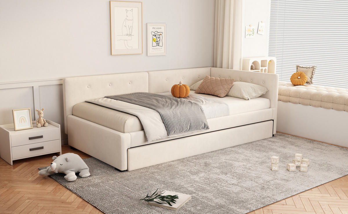 BETT 90/200 cm Beige aus Samt mit ausziehbarem Rollbett - Beige, Textil (90/200cm) - OKMYHOME
