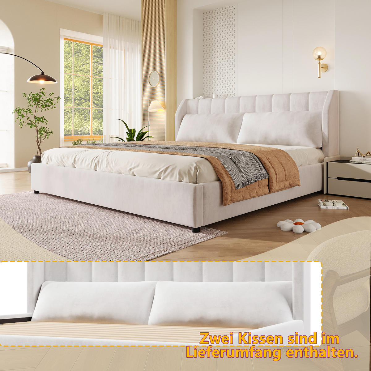 POLSTERBETT 180/200 cm in Beige mit gepolstertem Kopfteil, Lattenrost und Kissen aus Samt - Beige, Holzwerkstoff/Textil (180/200cm) - STILVORA