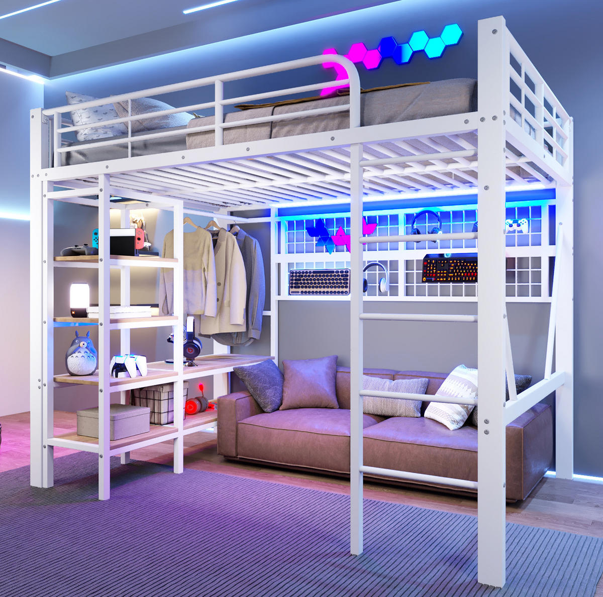 HOCHBETT 140/200 cm aus Metall mit LED-Lichtleiste und Ablagefach Weiß - Weiß, Metall (140/200cm) - Modenvie