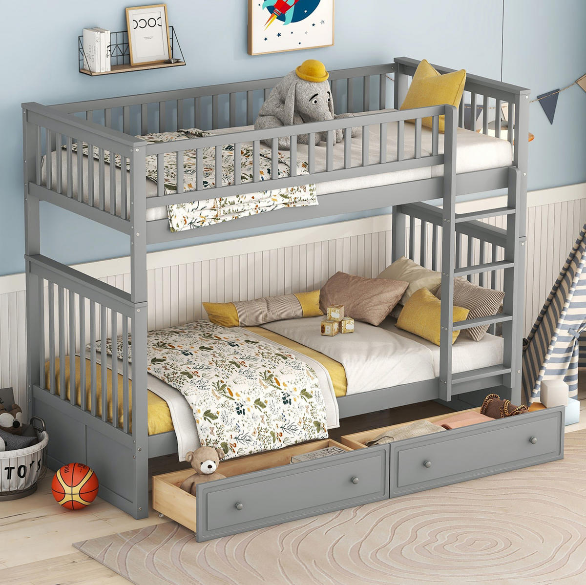 ETAGENBETT 90/200 cm mit 2 Schubladen und Umbaufunktion zu 2 Einzelbetten, Kiefer/MDF, Grau - Grau, Holzwerkstoff (90/200cm) - Redom