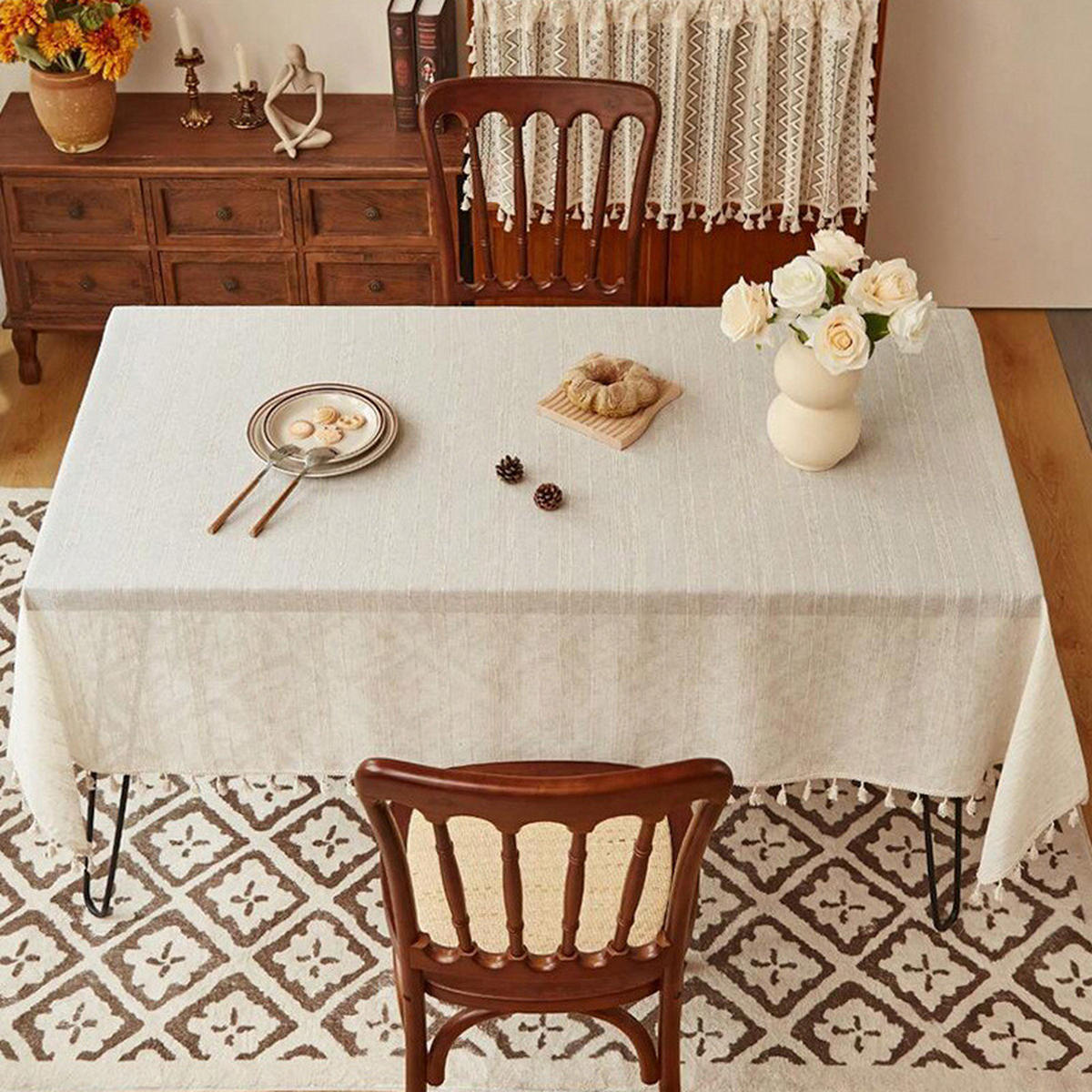 TISCHDECKE mit linearem Quastenmuster – 120 x 180 – Beige - Beige, Textil (120/180cm)