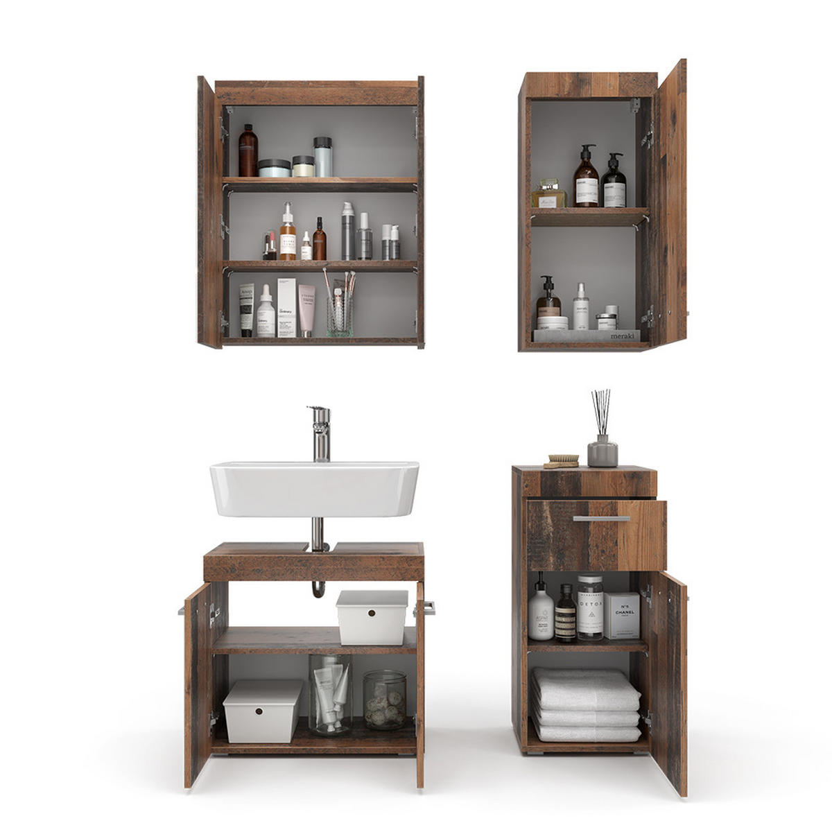 BADMÖBEL-SET Luna Oldstyle 4 Teile - Braun, Holzwerkstoff (60/56/34cm) - Vicco