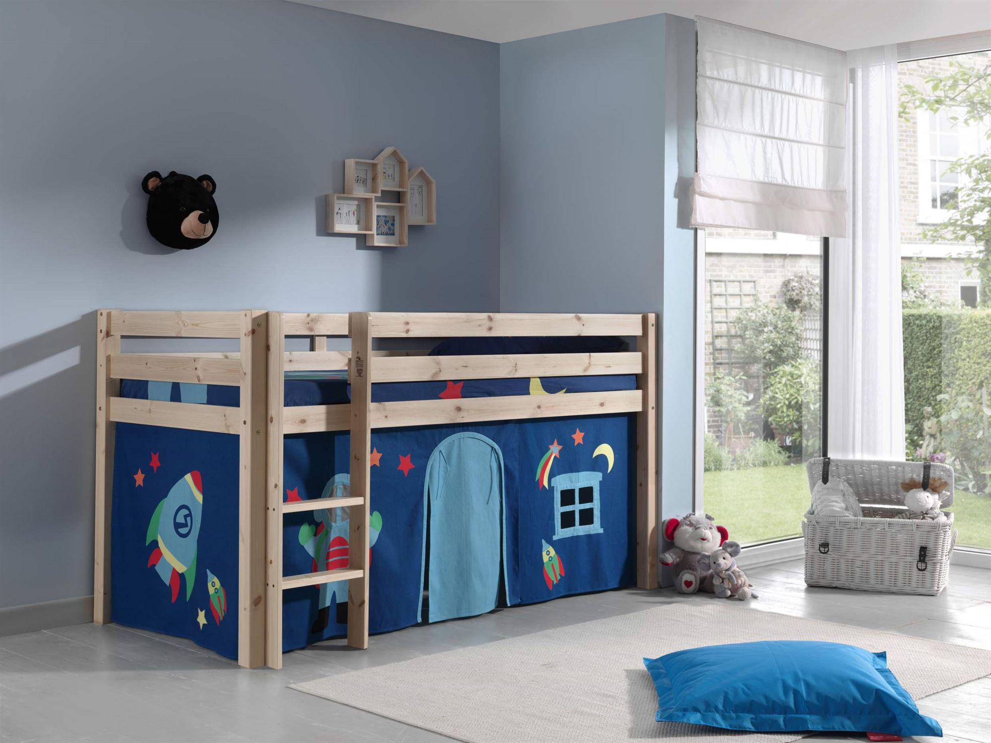 KINDERBETT Karolina 210x114x106 Massivholz Natur Textilset Astro 1 - Blau/Kieferfarben, Holz (90/200cm) - 58aufmkessel