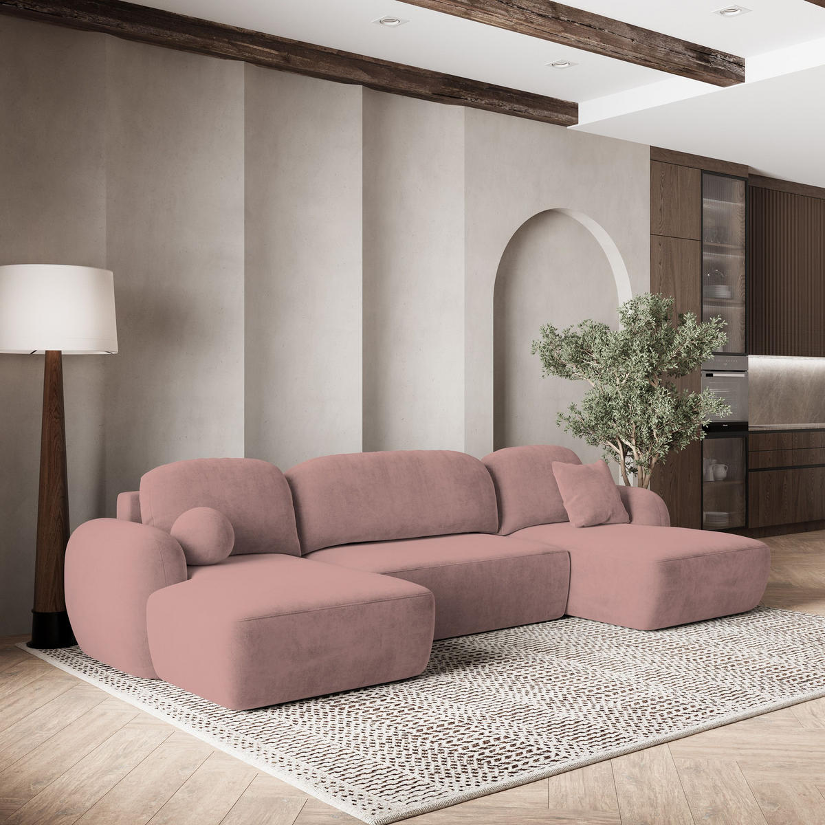 WOHNLANDSCHAFT SAVONA K Rosa Plüsch-Stoff mit Schlaffunktion - Rosa, Holz (350/90/148cm) - MASSENO