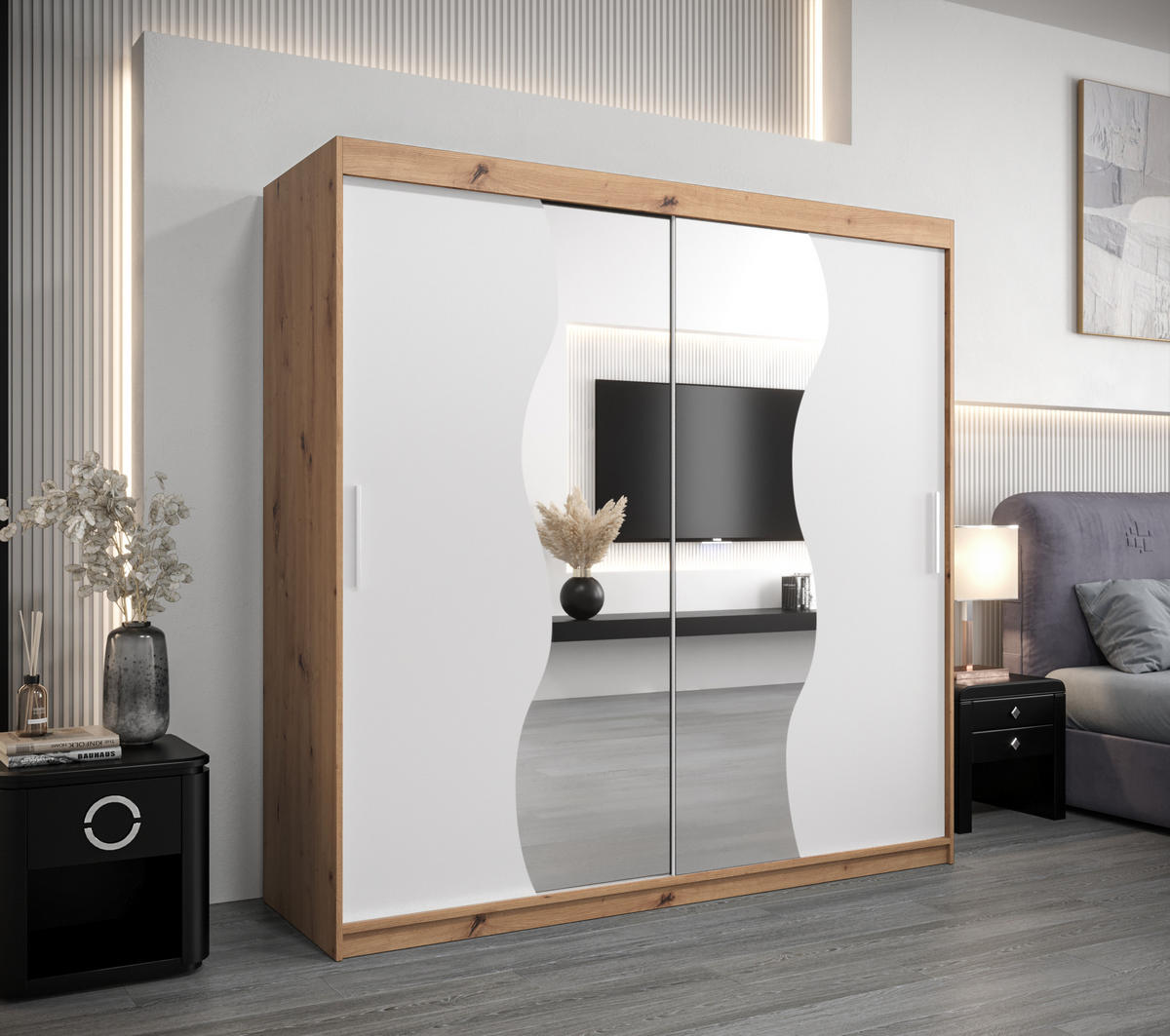 SCHWEBETÜRENSCHRANK 200/200/62 2-türig - Silberfarben/Weiß, Holz/Kunststoff (200/200/62cm) - Abiks Möbel